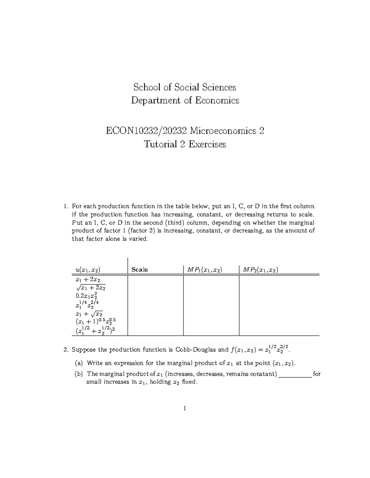 ECON10232 Microeconomics 2 Tutorial 2 Exercises - School Of Social ...