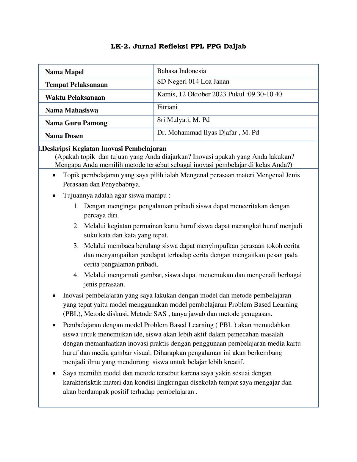 Lk Produk Hasil Refleksi Fitriani New Lk Jurnal Refleksi Ppl Ppg Daljab Nama Mapel Bahasa