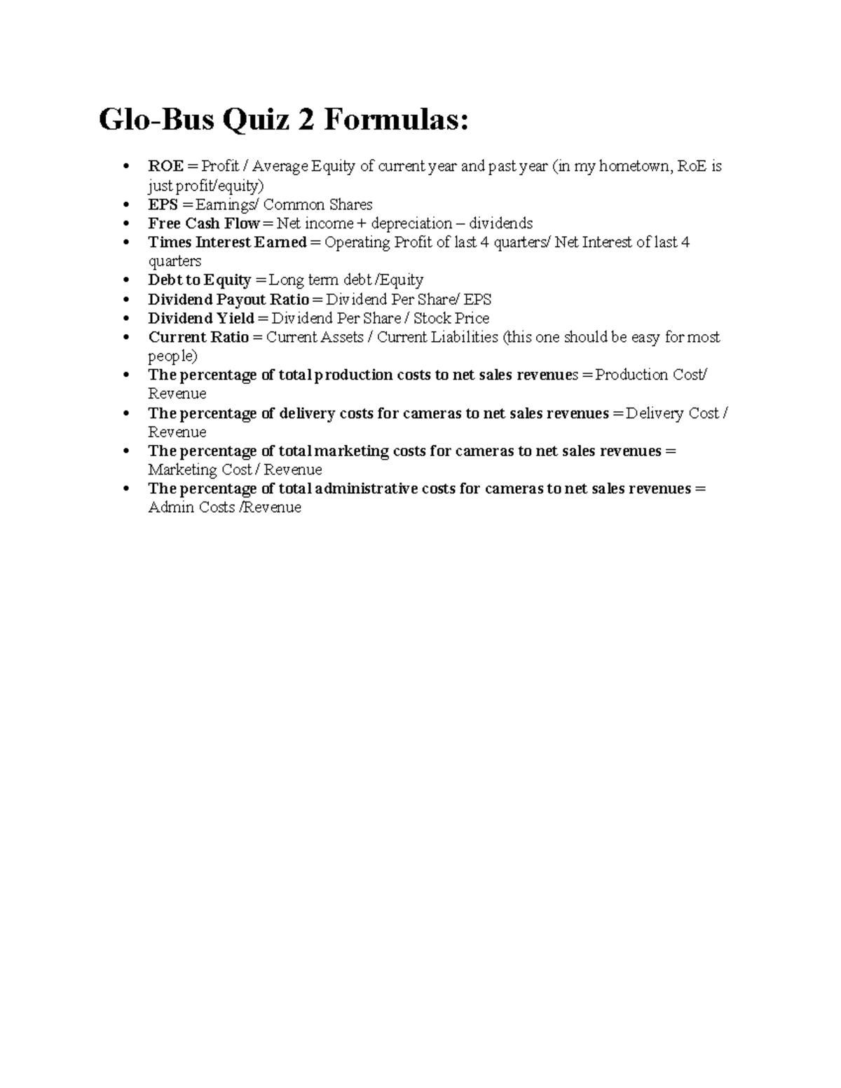 Glo Bus Quiz 2 Formulas GloBus Quiz 2 Formulas ROE = Profit
