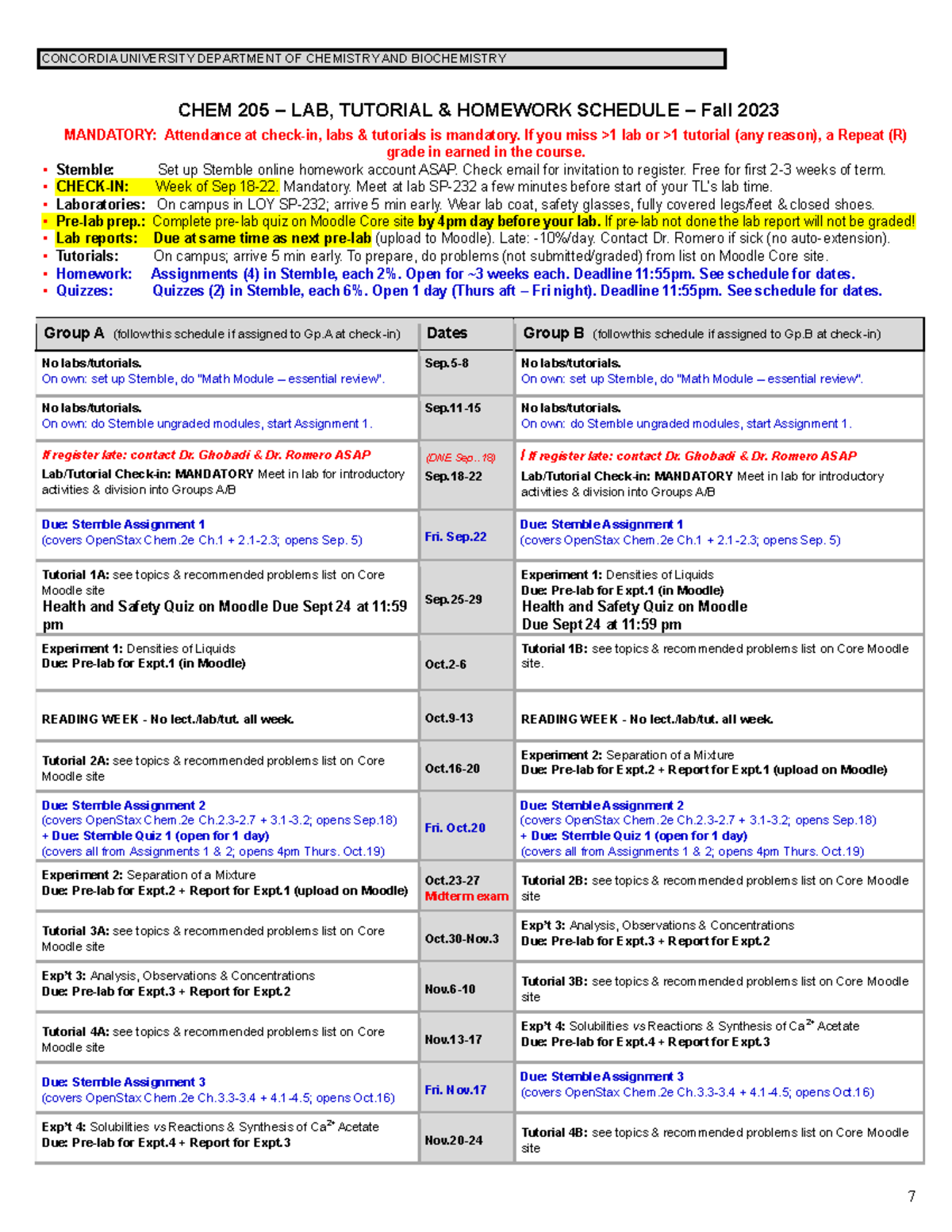 Chem 205 Fall 2023 Lab Tut Schedule - CONCORDIA UNIVERSITY DEPARTMENT ...