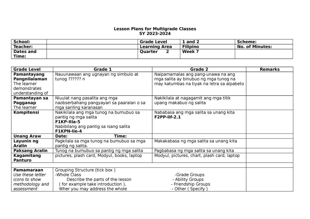 LP-FOR- Multigrade-1AND-2 - Lesson Plans For Multigrade Classes SY 2023 ...