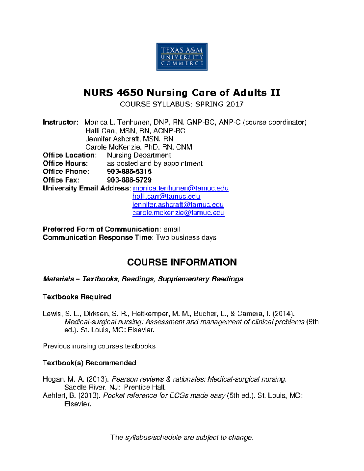 Adult Health 2 Syllabus - NURS 4650 Nursing Care of Adults II COURSE ...