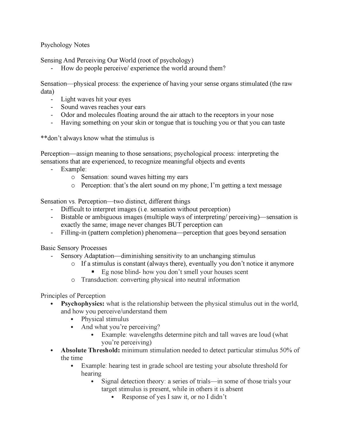 Psychology Notes 2 - Psychology Notes Sensing And Perceiving Our World ...