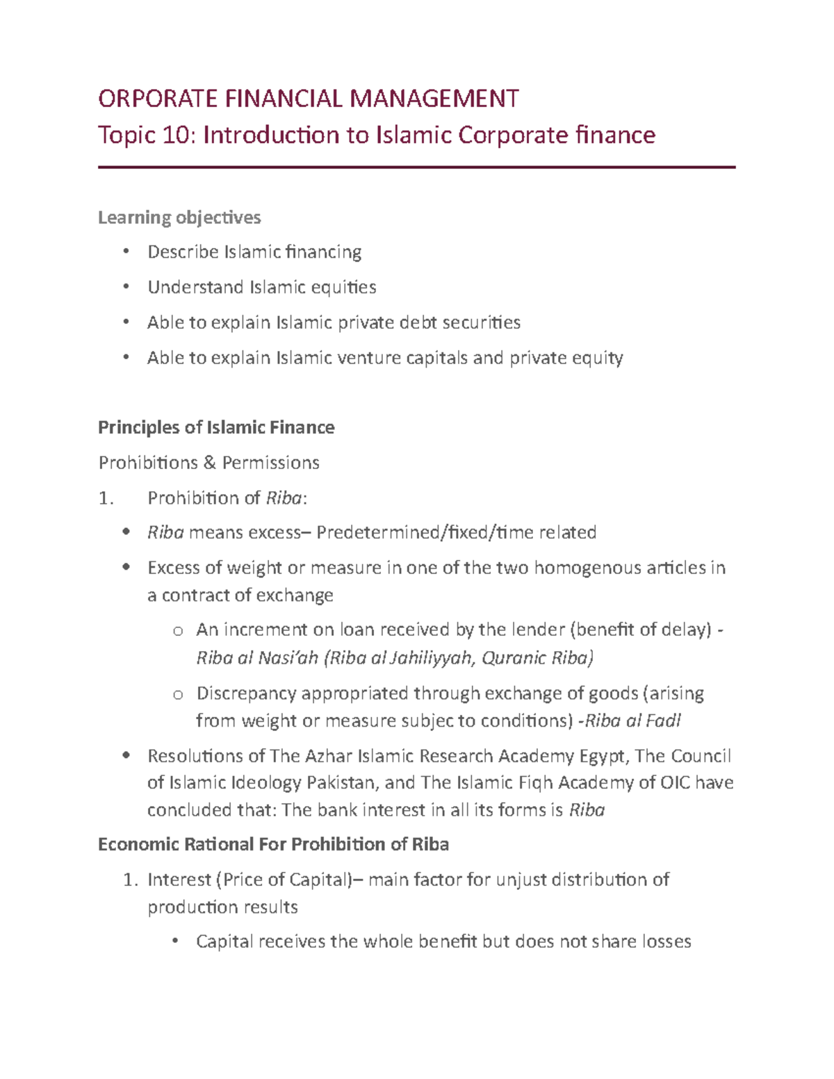 Topic 10- Introduction to Islamic Corporate finance - ORPORATE ...