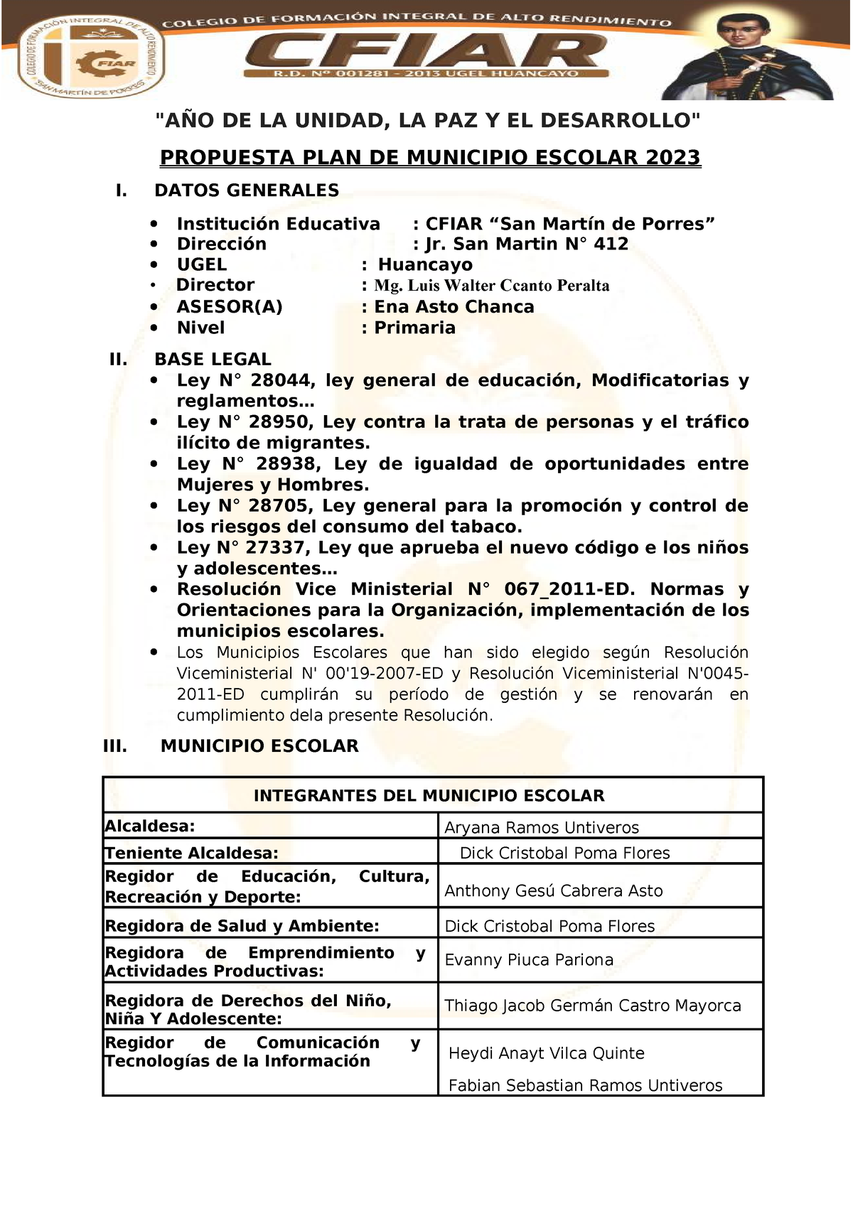 Plan Del Municipio Escolar 2023 - "AÑO DE LA UNIDAD, LA PAZ Y EL ...