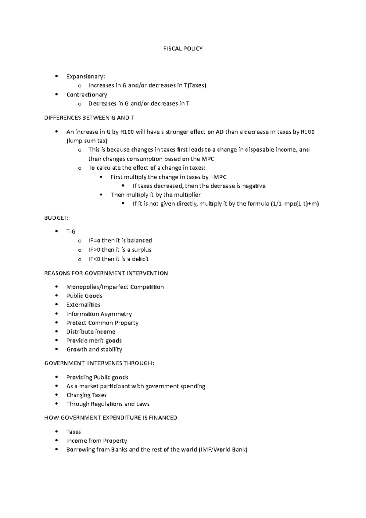 Fiscal Policy - Summary Macroeconomics - FISCAL POLICY Expansionary: o ...