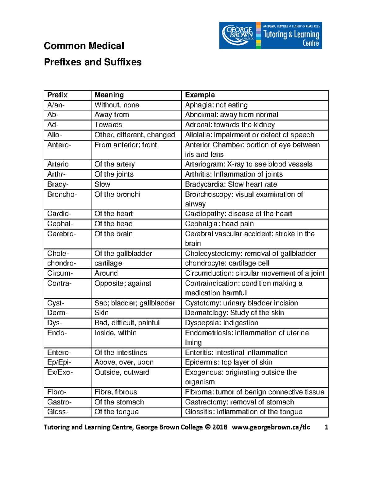 Common Medical Prefixes and Suffixes Prefixes and Suffixes Prefix Meaning Example A/an