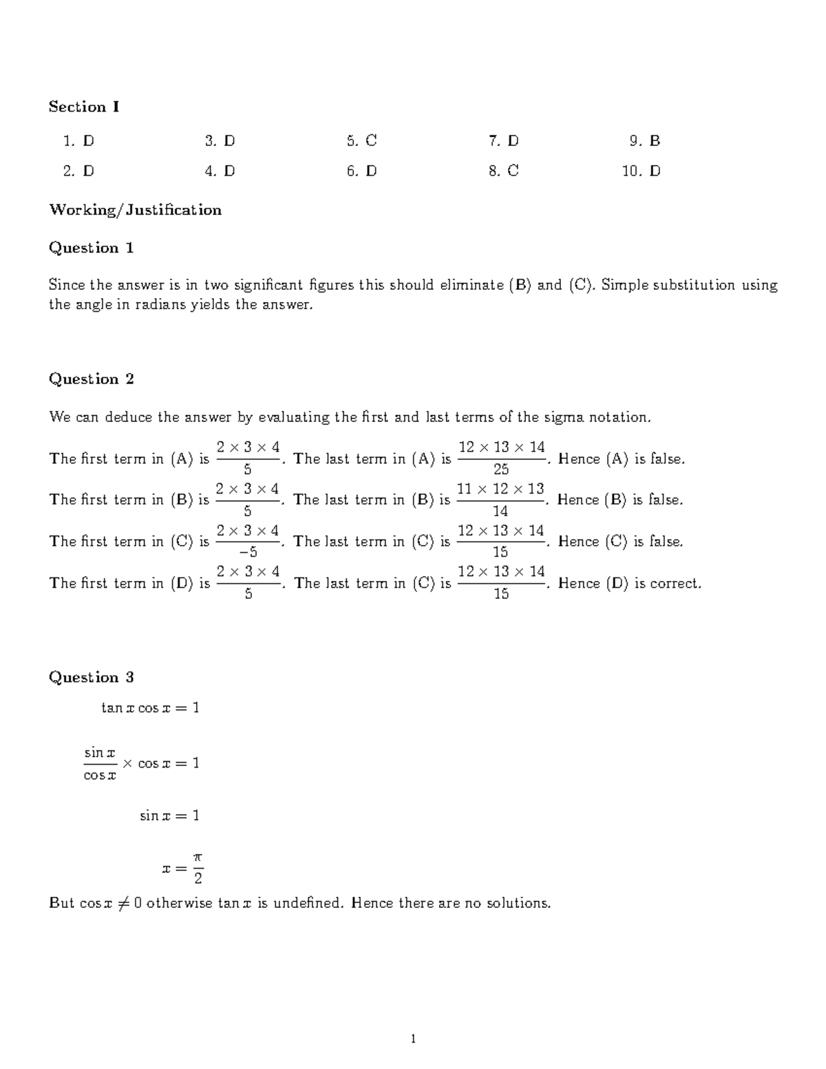 2014 Bo S Trial Mathematics Solutions - Section I 1. D 2. D 3. D 4. D 5 ...