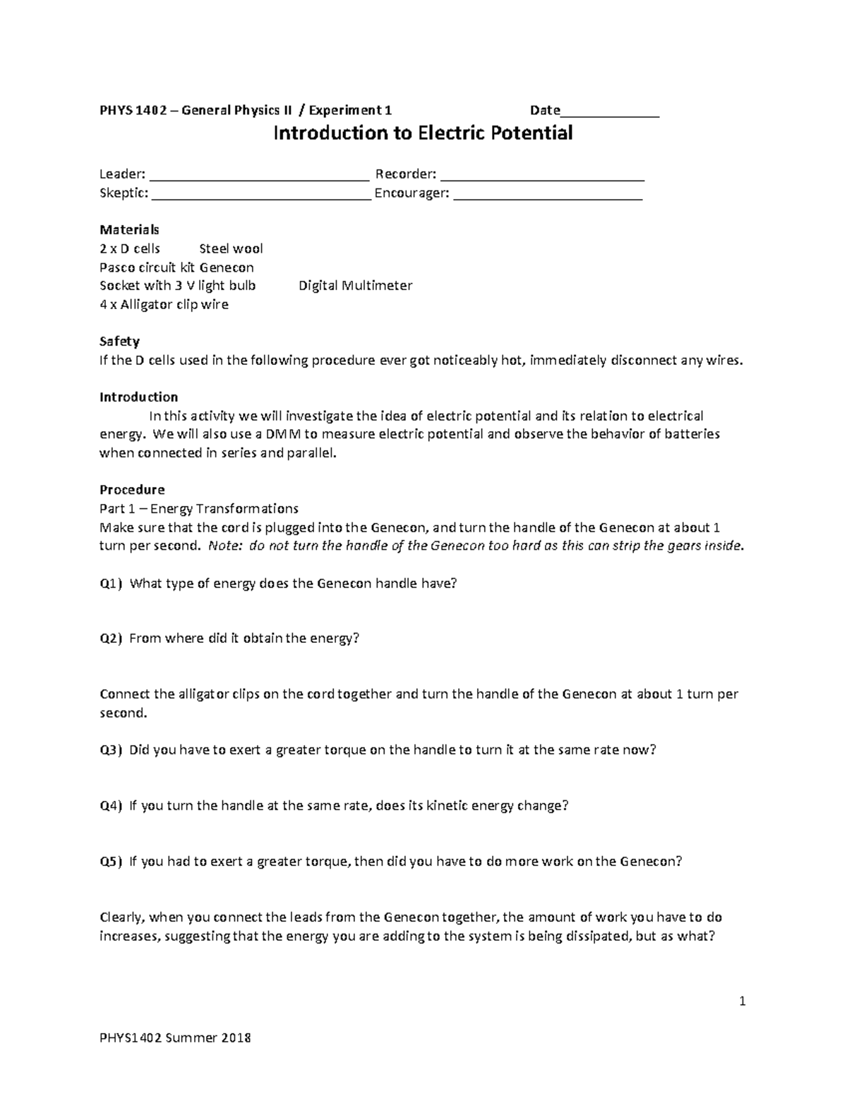 Lab Electric Potential - 1 PHYS 1402 – General Physics II / Experiment ...