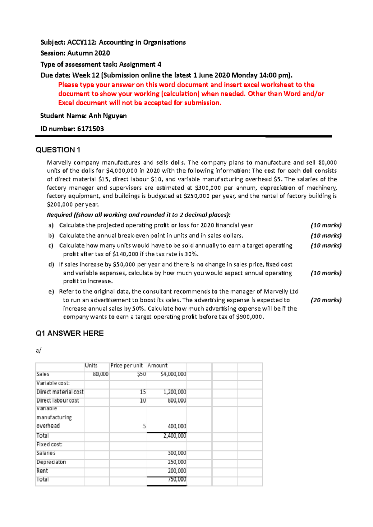 112- Assignment Q4 - Assignmnet 4 - Subject: ACCY112: Accounting In ...