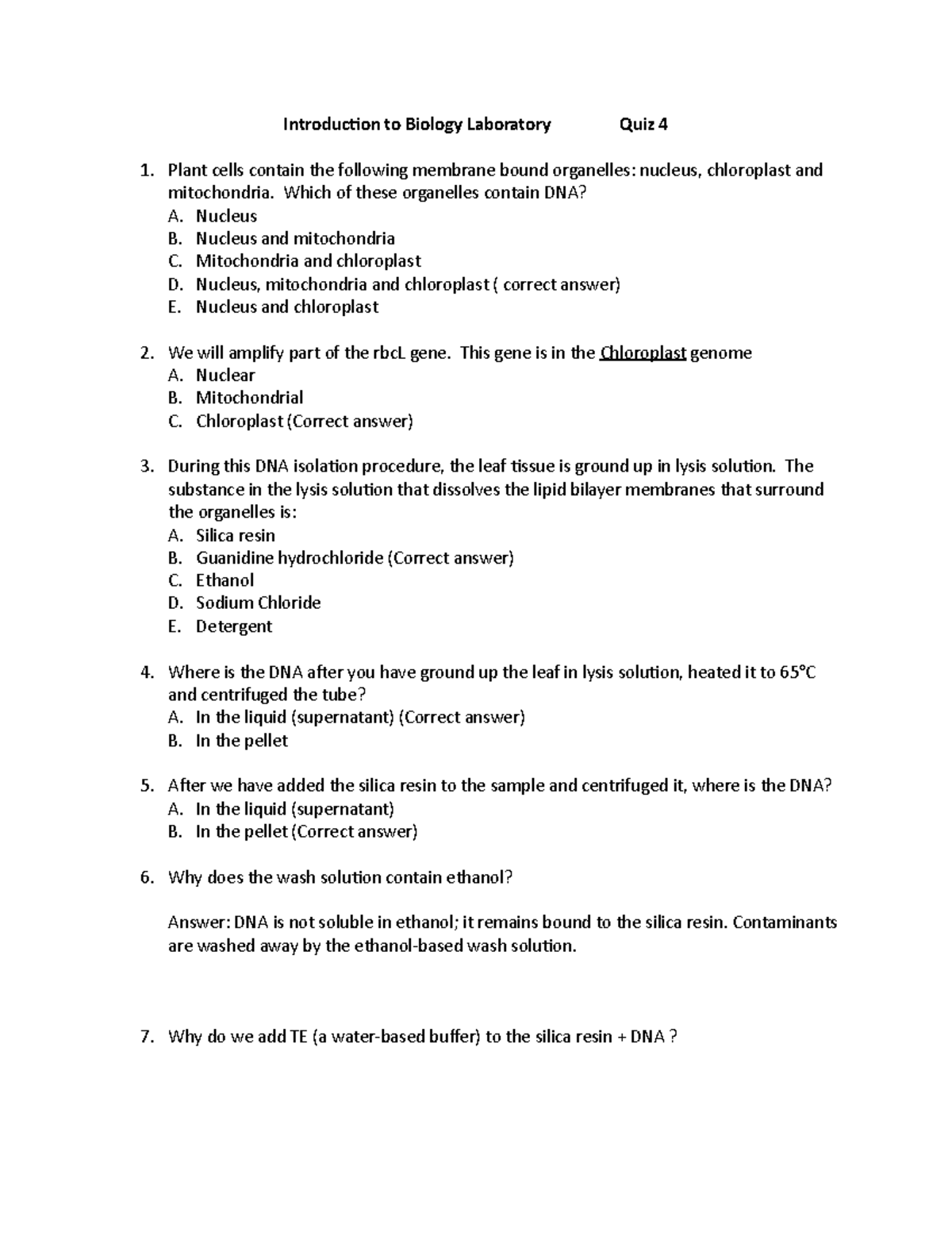 Intro to Bio Lab Quiz 4 - Introduction to Biology Laboratory Quiz 4 ...