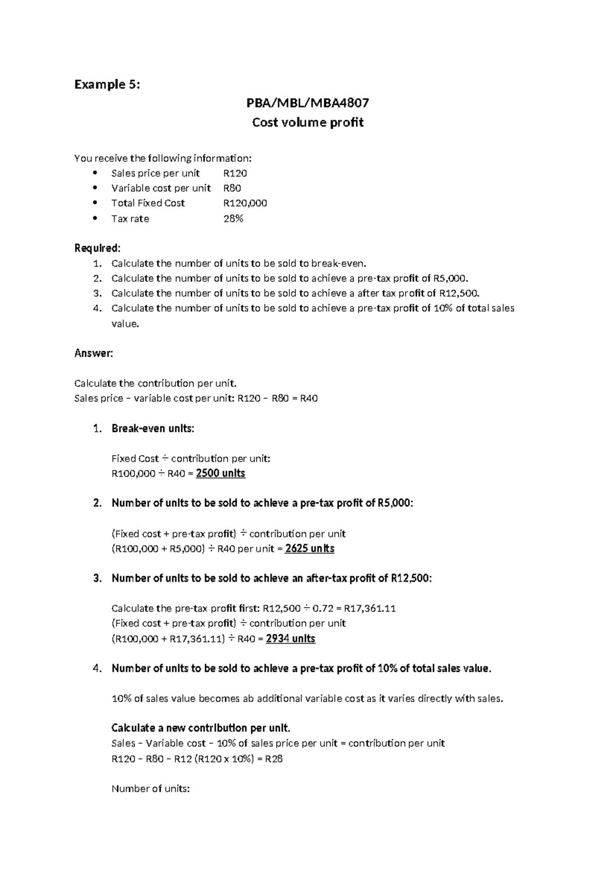 Example 5 Cost volume profit - Example 5: PBA/MBL/MBA Cost volume ...