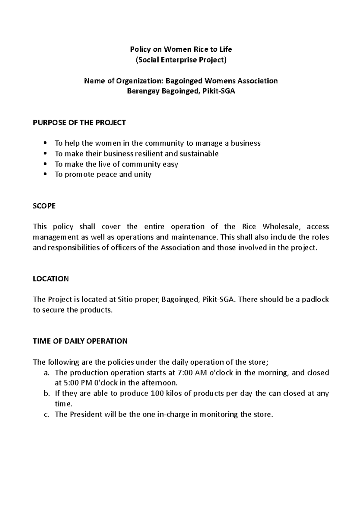 PSP s Bagoinged - Project proposal - Policy on Women Rice to Life ...