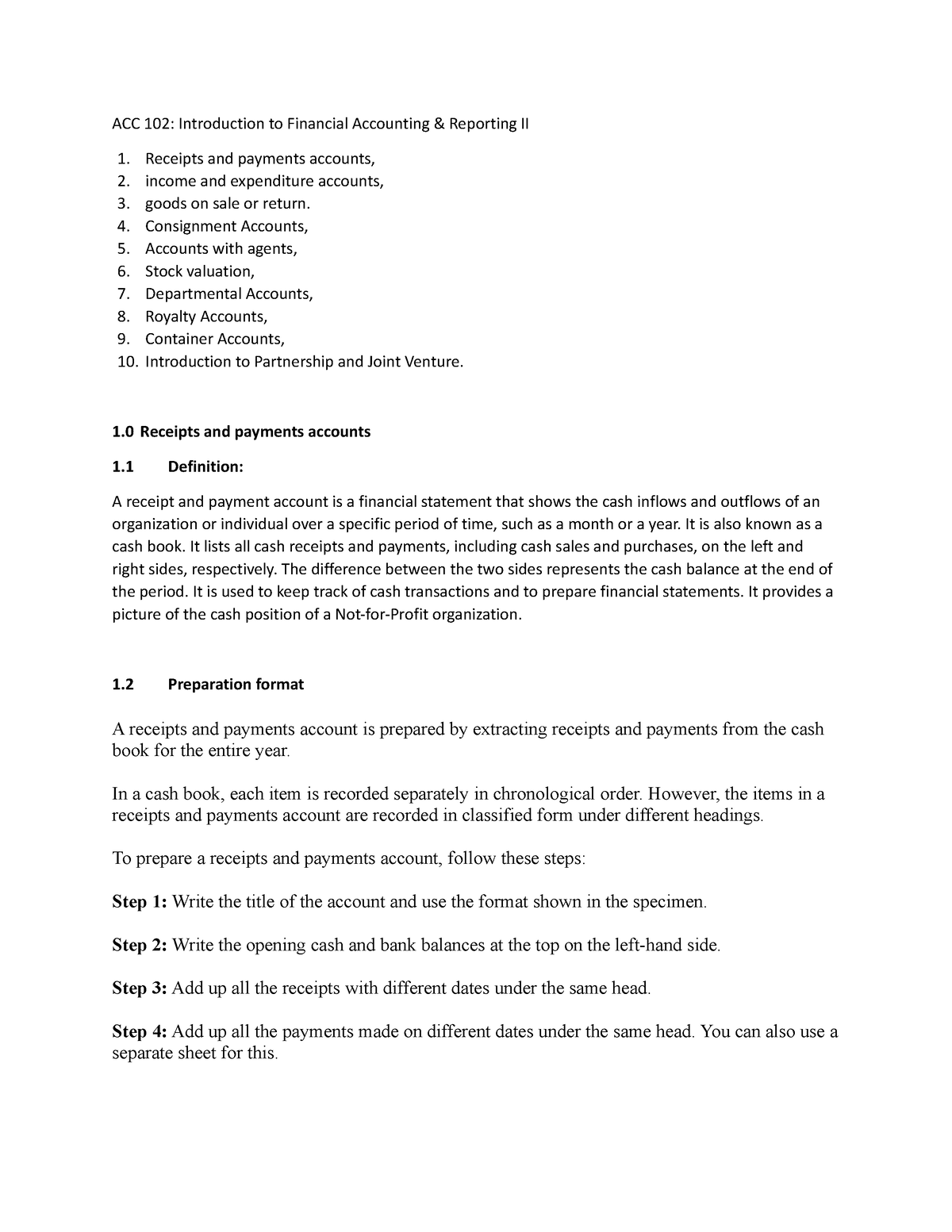 ACC 102 Introduction to Financial Accounting - Receipts and payments ...