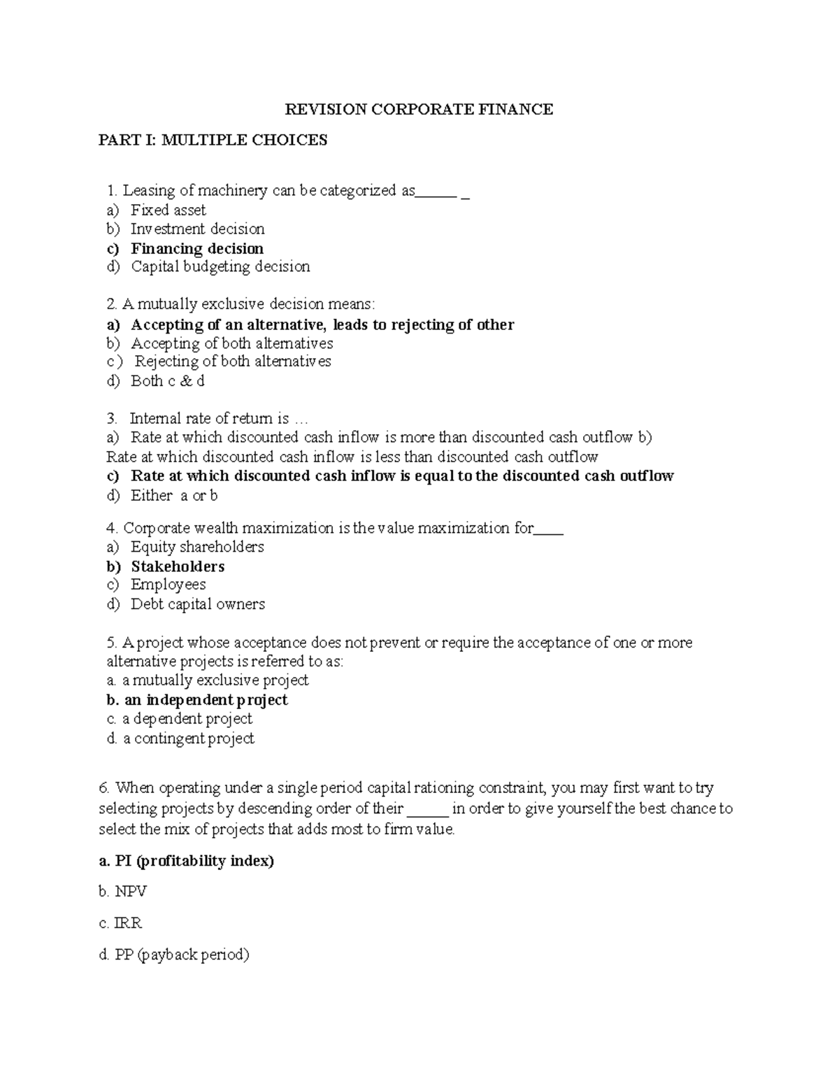 Revision Corporate Finance. KEY - REVISION CORPORATE FINANCE PART I ...