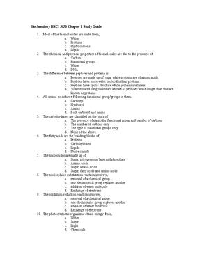 Biochemistry Chapter 3 Study Guide - Biochemistry HSCI3030 Chapter 3 ...