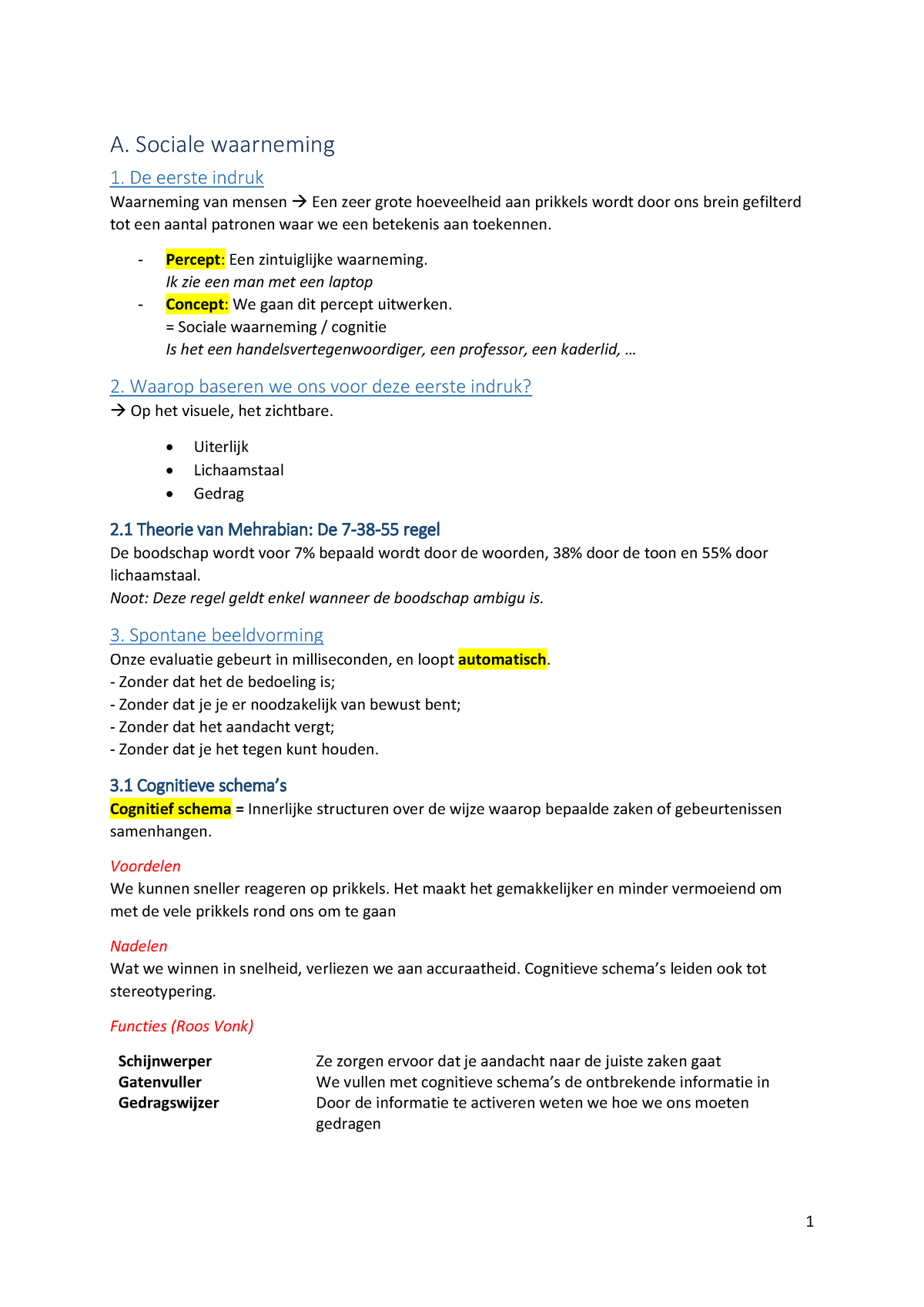 Samenvatting - Hele Cursus + Powerpoints - A. Sociale Waarneming 1. De ...