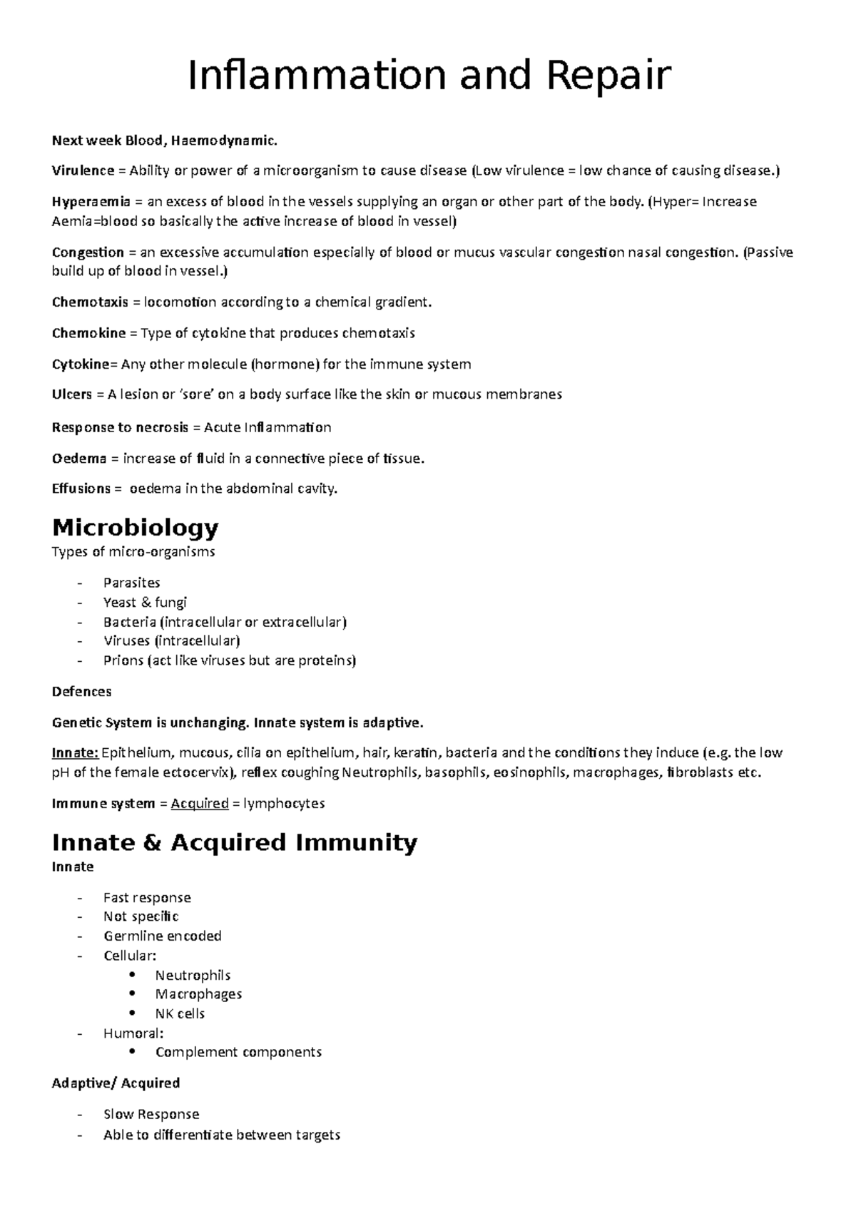 Inflammation and Repair Notes week content - Inflammation and Repair ...