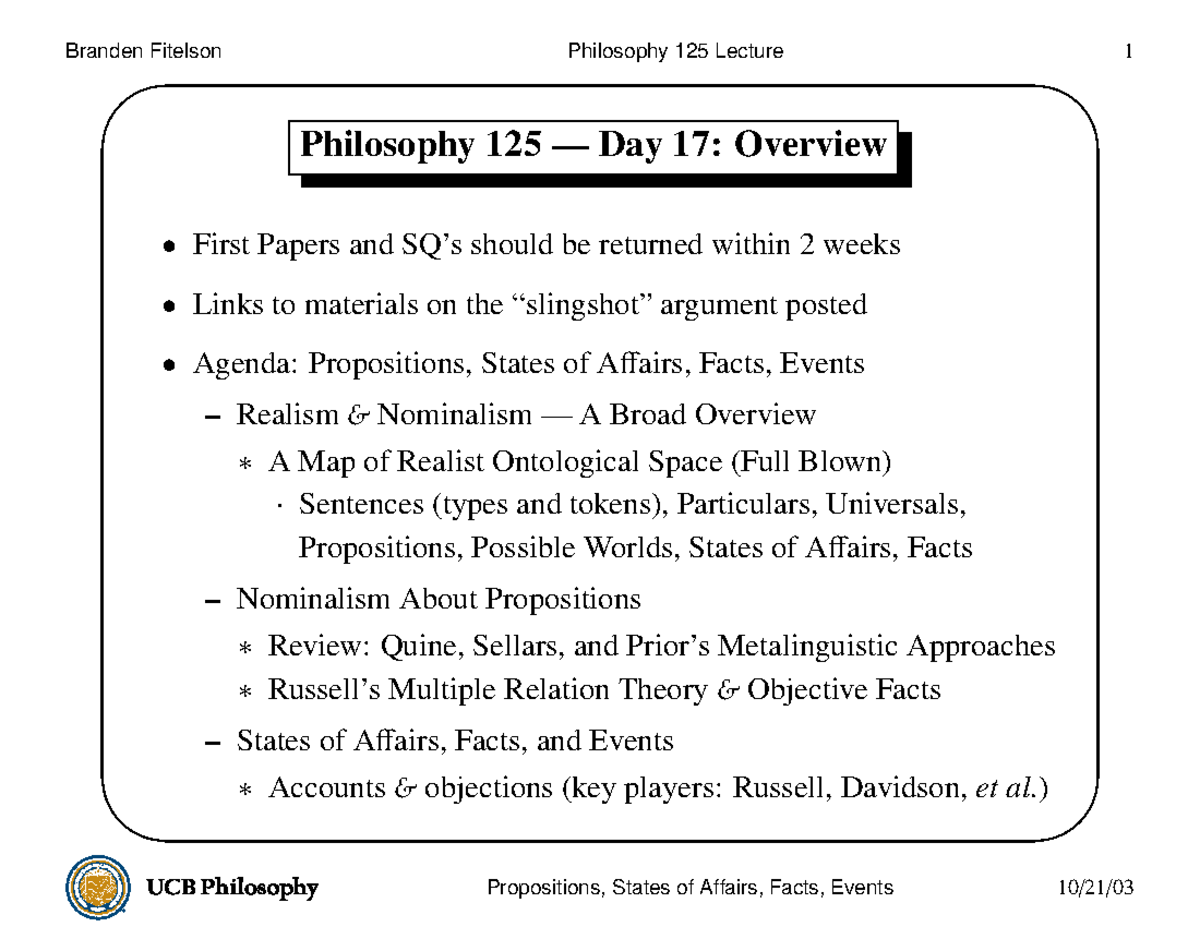 Propositions, States of Affairs, Facts, Events ) Map of Realist