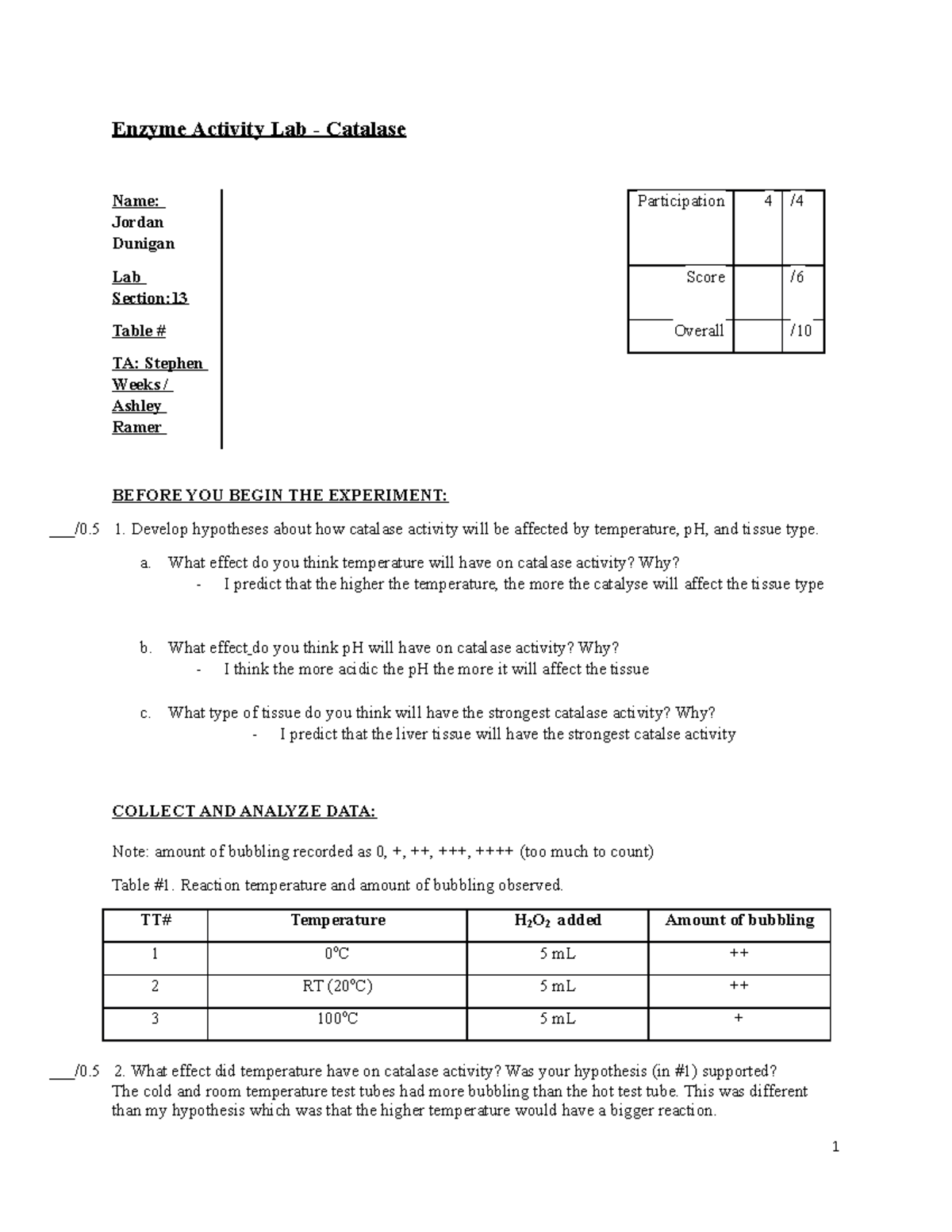 Enzyme Activity- Dunigan - Enzyme Activity Lab - Catalase Name: Jordan ...