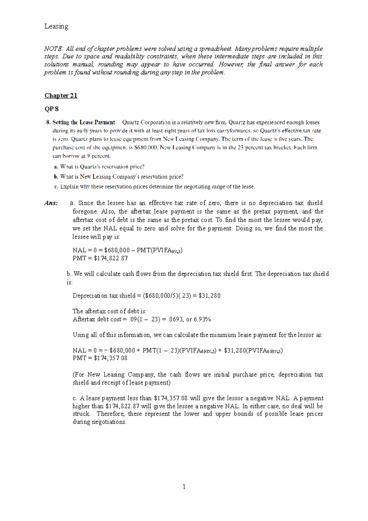 FIN322 S2020 Tutorial Solutions 7 Leasing - NOTE: All End Of Chapter ...