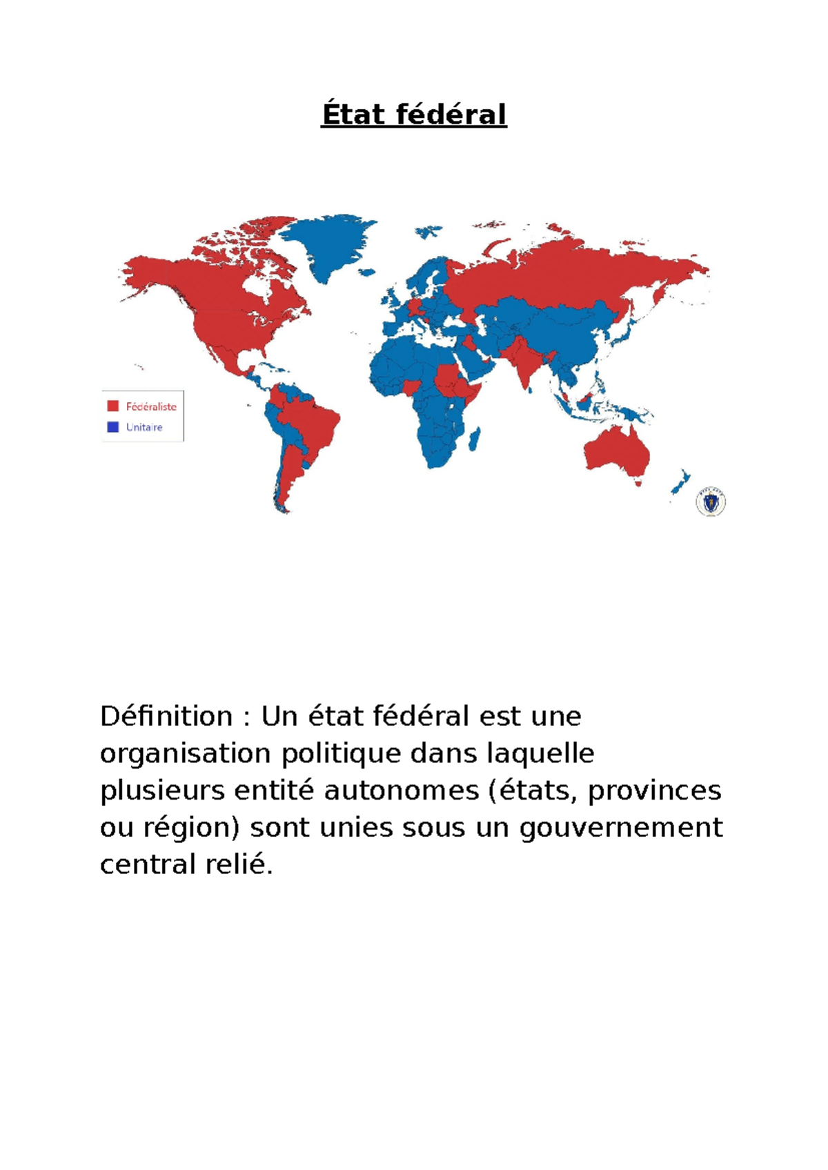 Diapo aes model federal - État fédéral Définition : Un état fédéral est ...