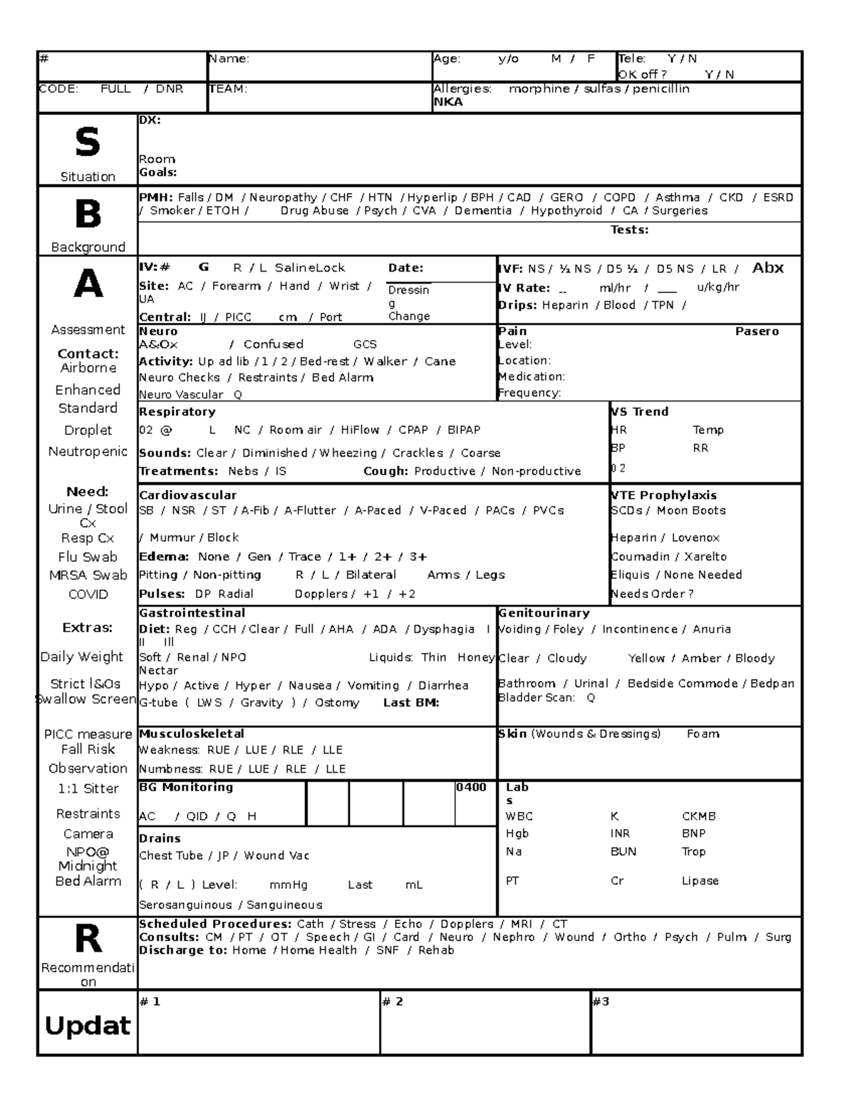 Brain - nurse per pt updated - # Name: Age: y/o M / F Tele: Y / N OK ...