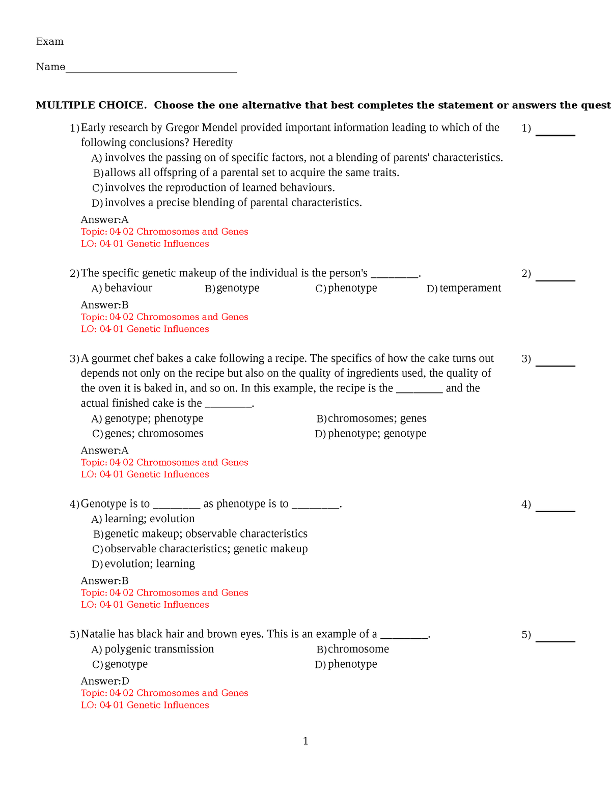 Psych 104 Chapter 4 Multiple Choice Question Bank - Exam Name