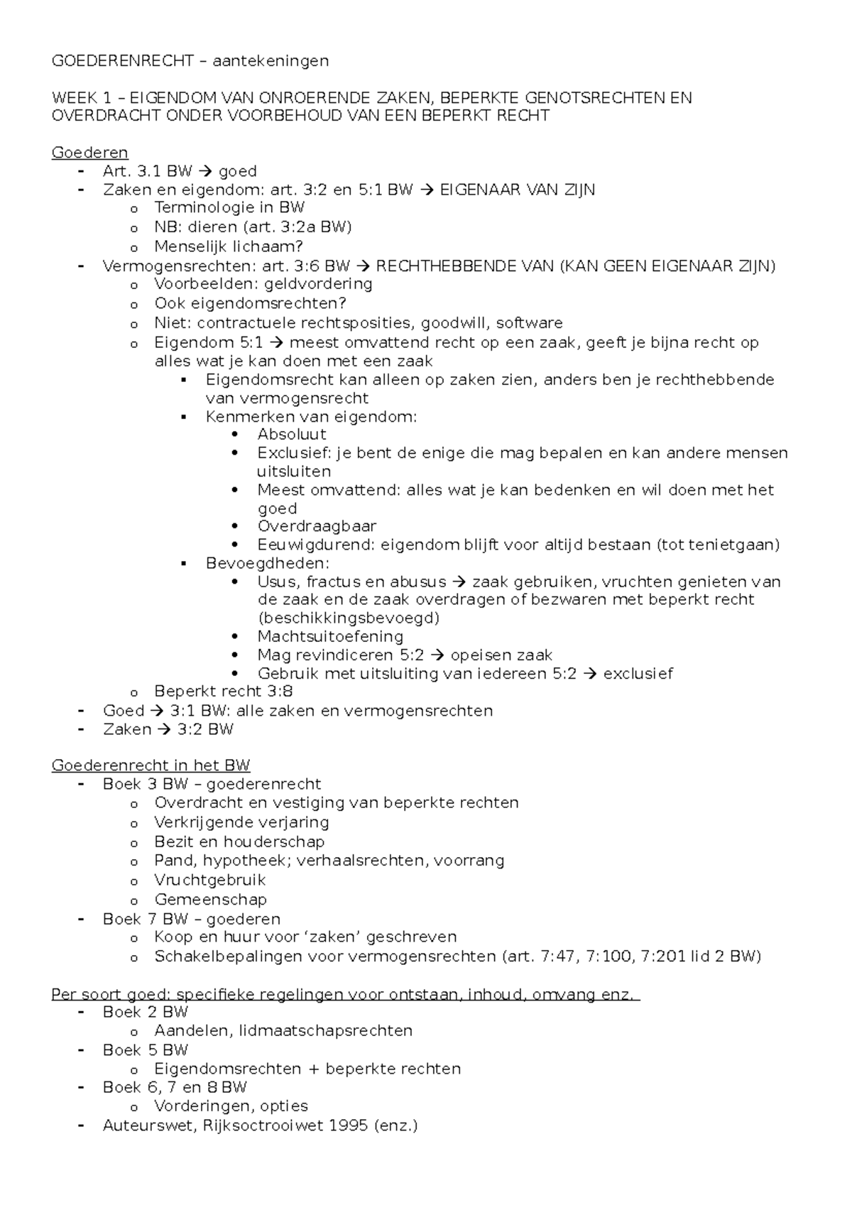 Goederenrecht - Aantekeningen - GOEDERENRECHT – Aantekeningen WEEK 1 ...