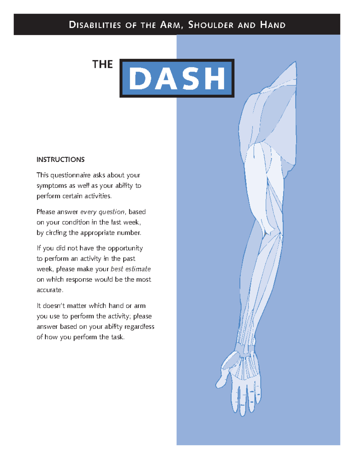 DASH-questionnaire - DA SH INSTRUCTIONS This questionnaire asks about ...