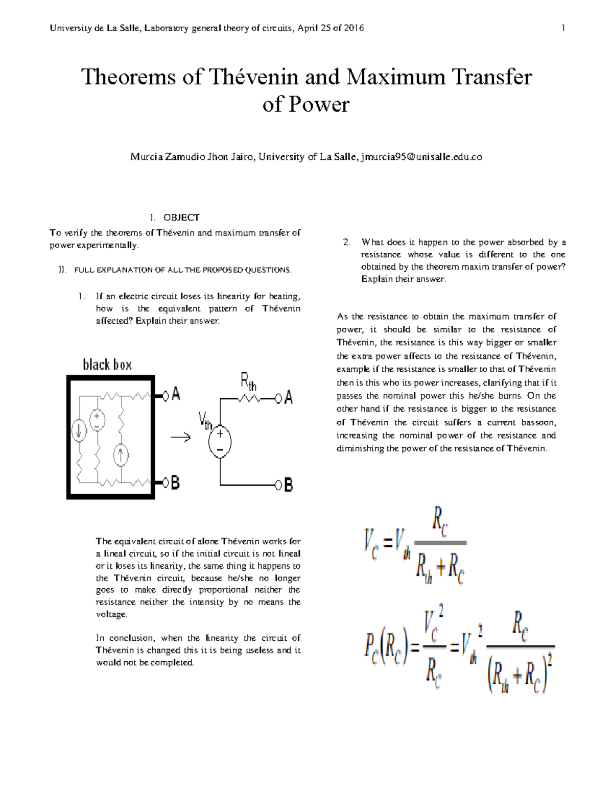 Theorems of Thévenin and Maximum Transfer - I. OBJECT To verify the ...
