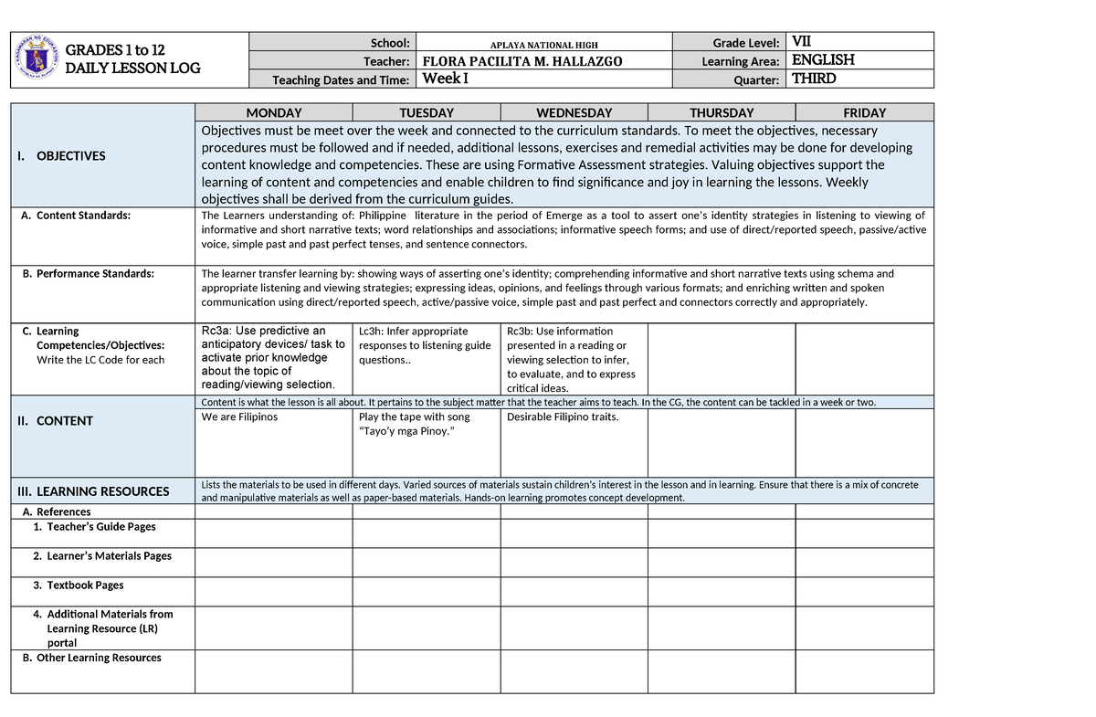 DLL 3rd Qrtr week-1 - lesson log English 7 - GRADES 1 to 12 DAILY ...