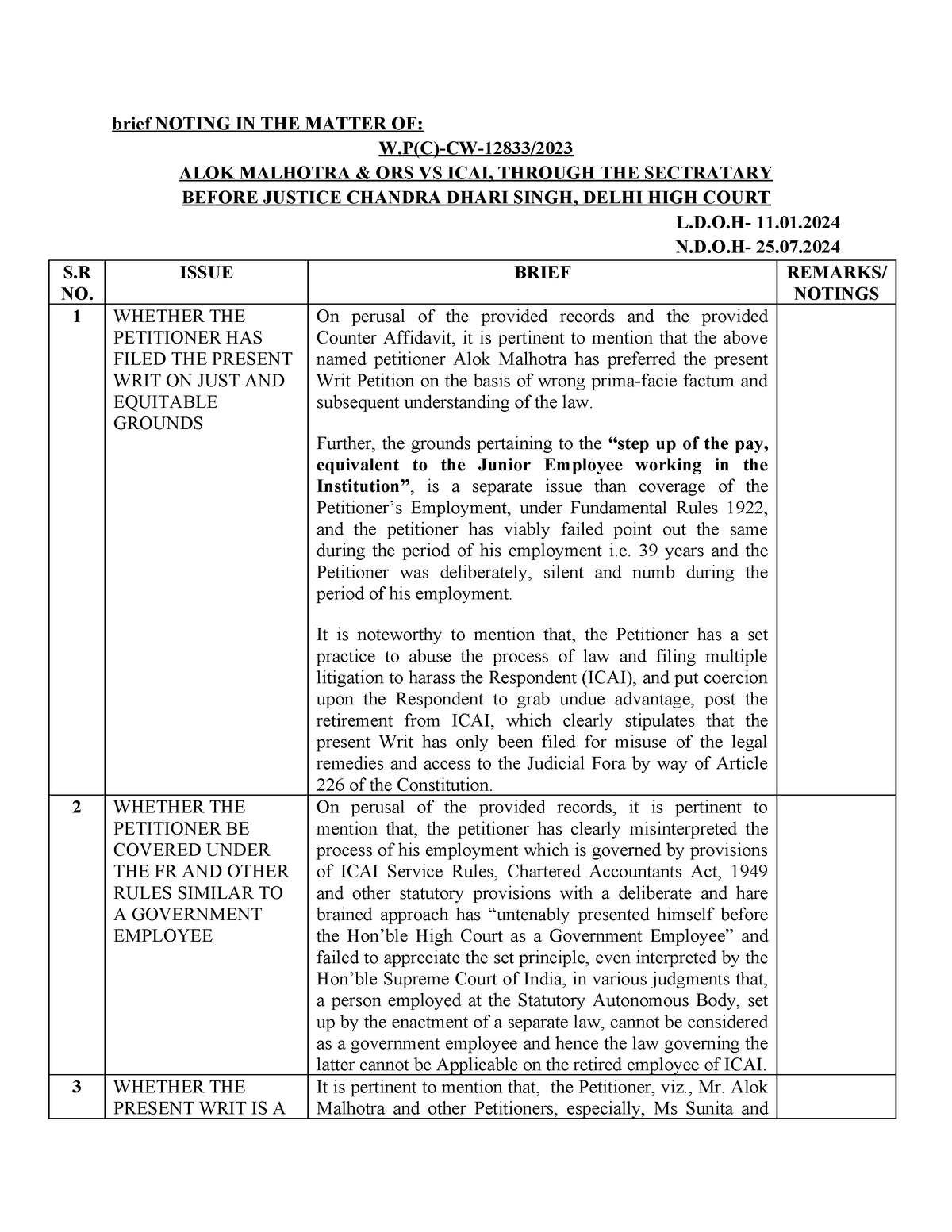 ANOMALY OF CASES - Brief NOTING IN THE MATTER OF: W(C)-CW-12833/ ALOK ...