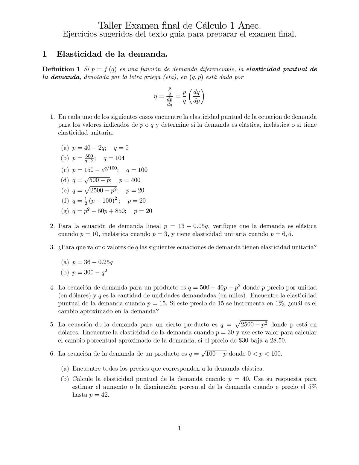 Taller Ex Final 2023 30 Taller Examen Önal De C·lculo 1 Anec Ejercicios Sugeridos Del Texto