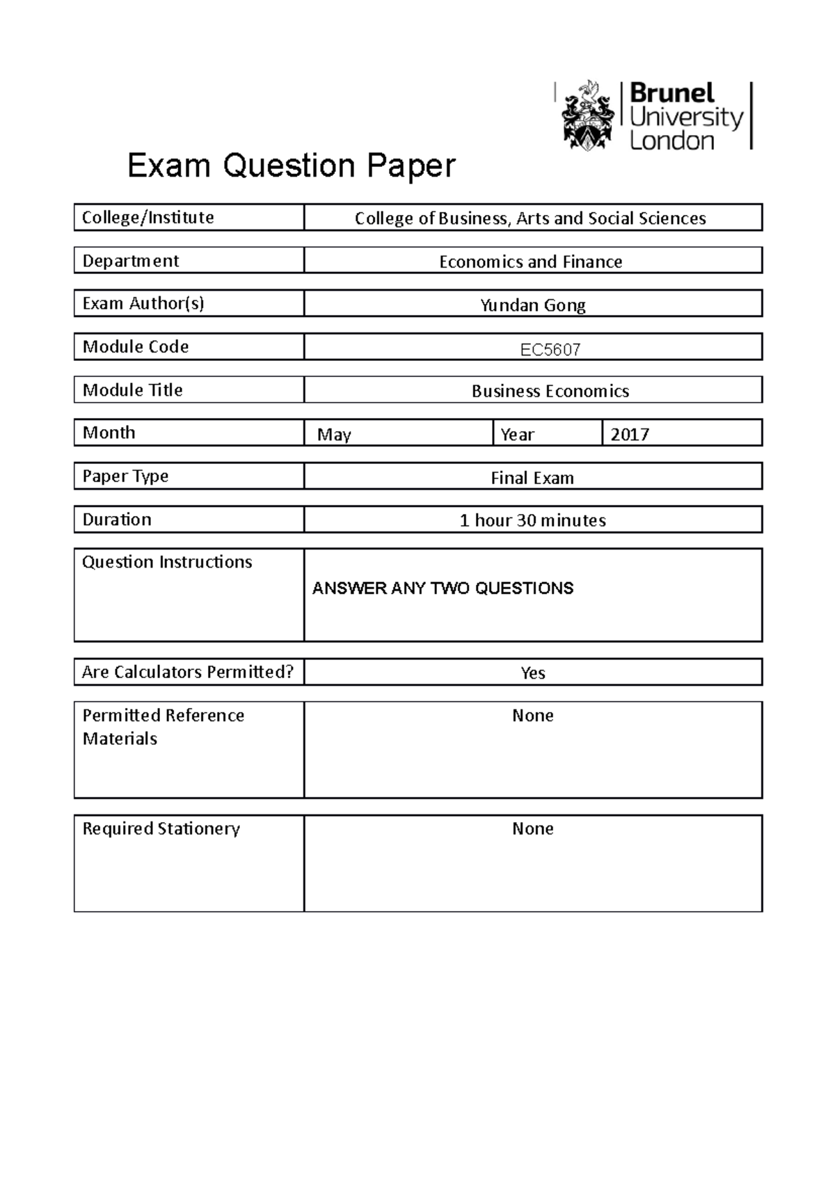 Exam May 2017 - Exam Question Paper College/Institute College of ...