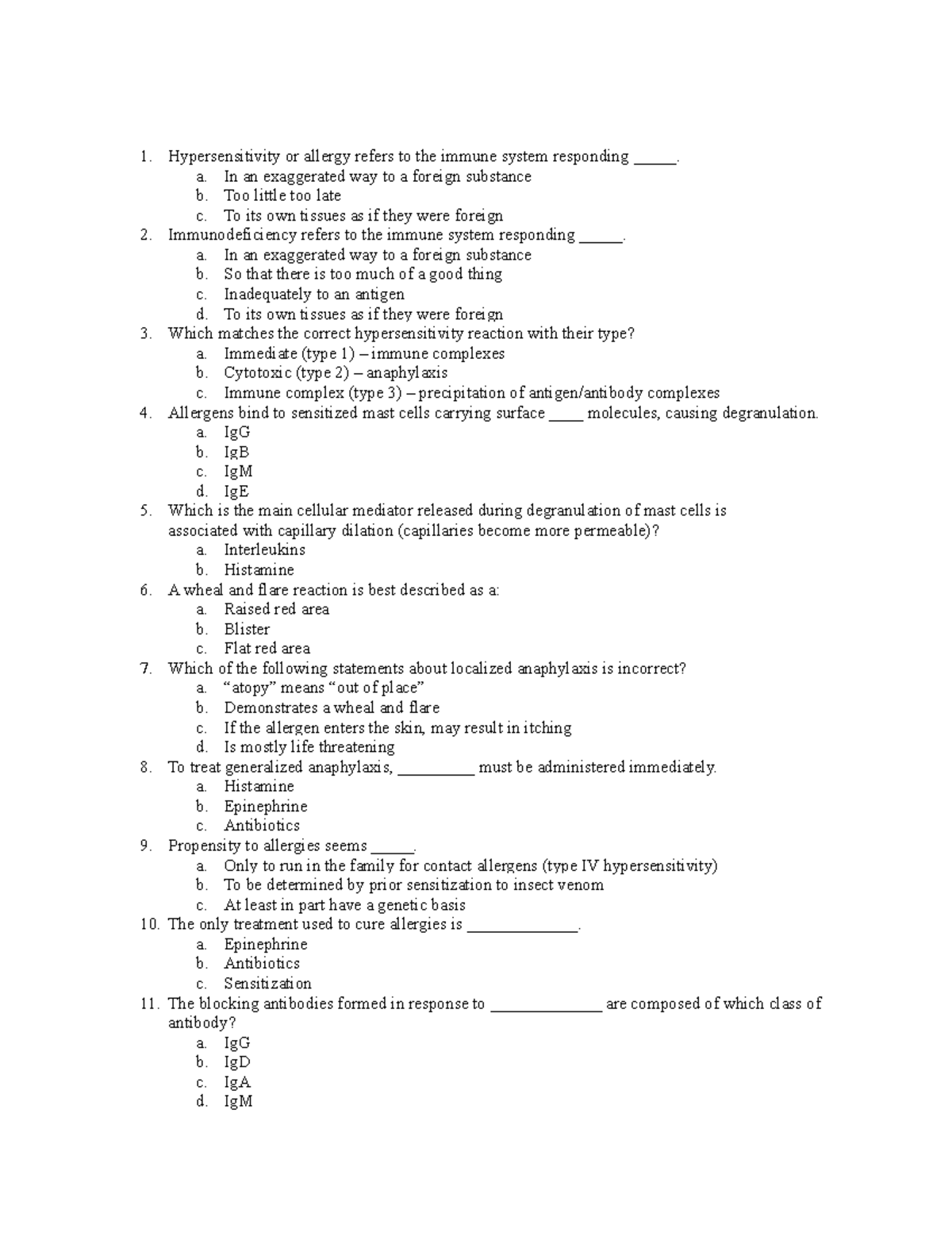 Practise Questions - Hypersensitivity or allergy refers to the immune ...