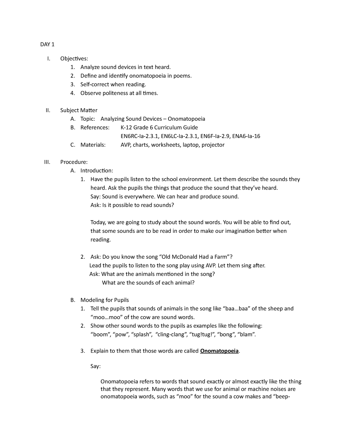 Day 1 This Is A Lesson Plan In English Grade 6 Lesson Plan Quarter 1 Day 1 Day 1 I 7747