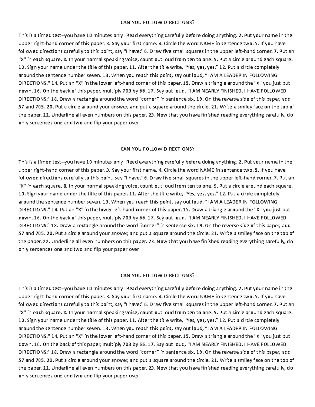 CAN YOU Follow Directions CAN YOU FOLLOW DIRECTIONS? This is a timed