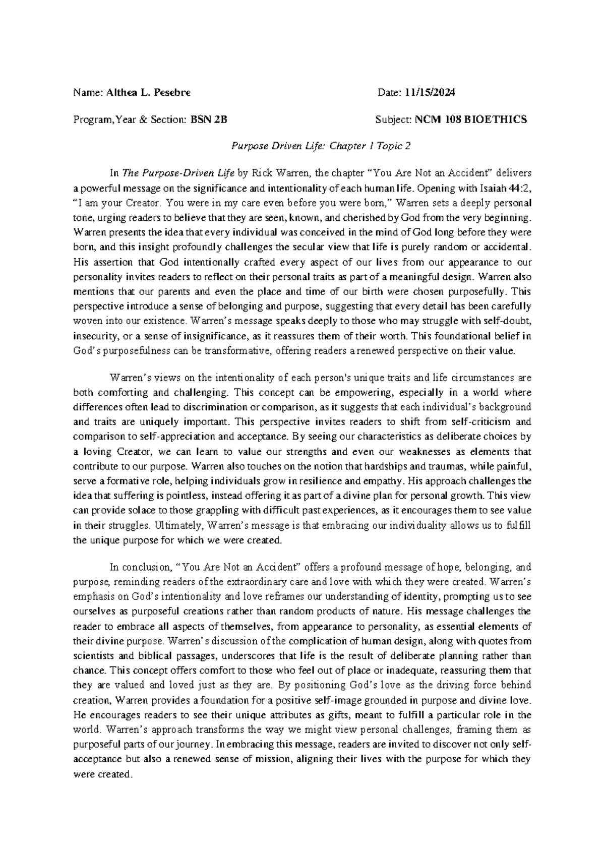 Bioethics ALP - Essay - Name: Althea L. Pesebre Date: 11/15/ Program ...
