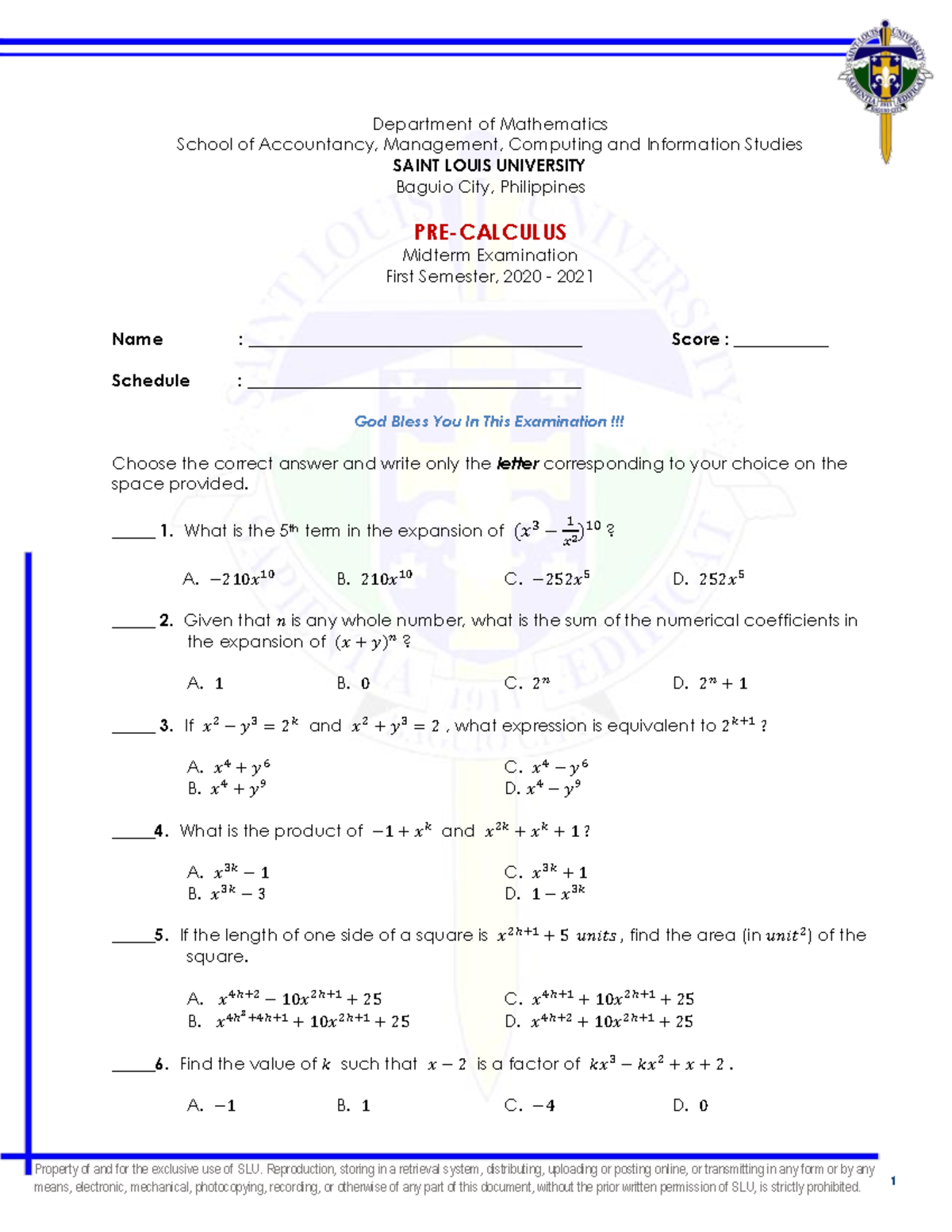 Precalculus Midterm and Final Examinations 1 - ####### Property of and ...