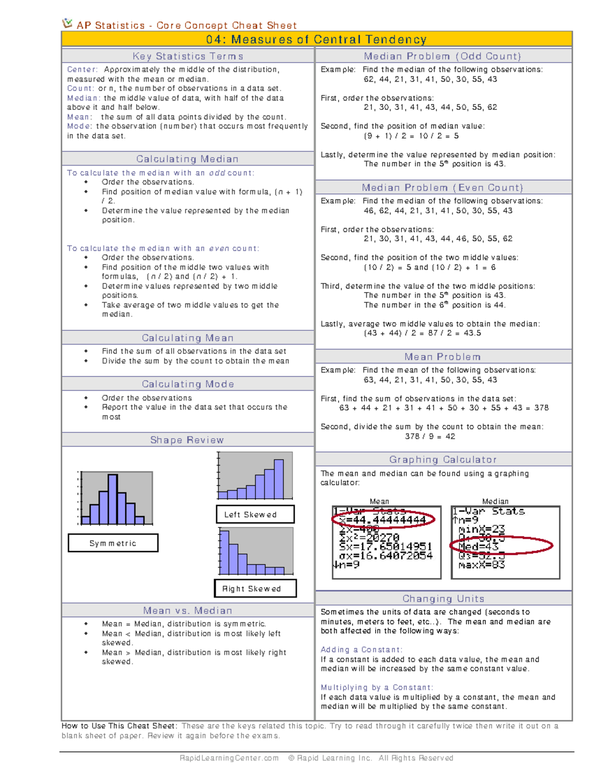 Measures Of Central Tendency Reference Sheet RapidLearningCenter