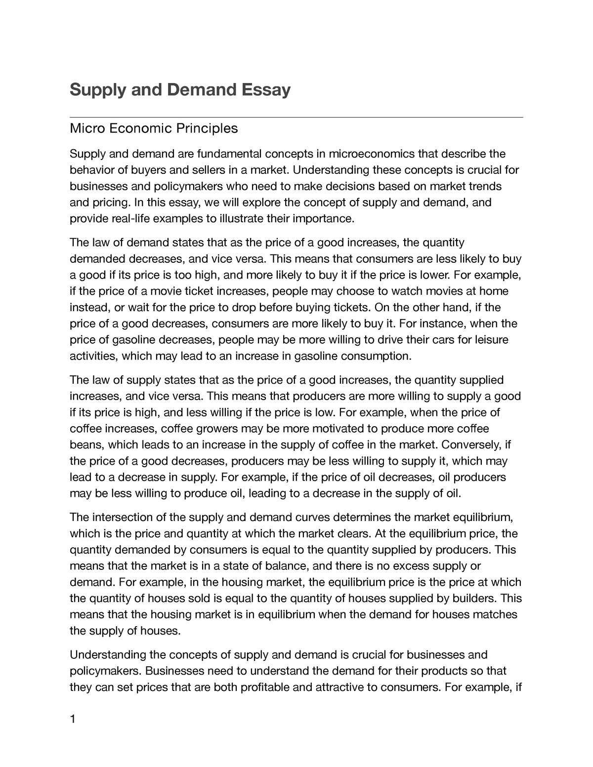 analytical essay about demand and supply