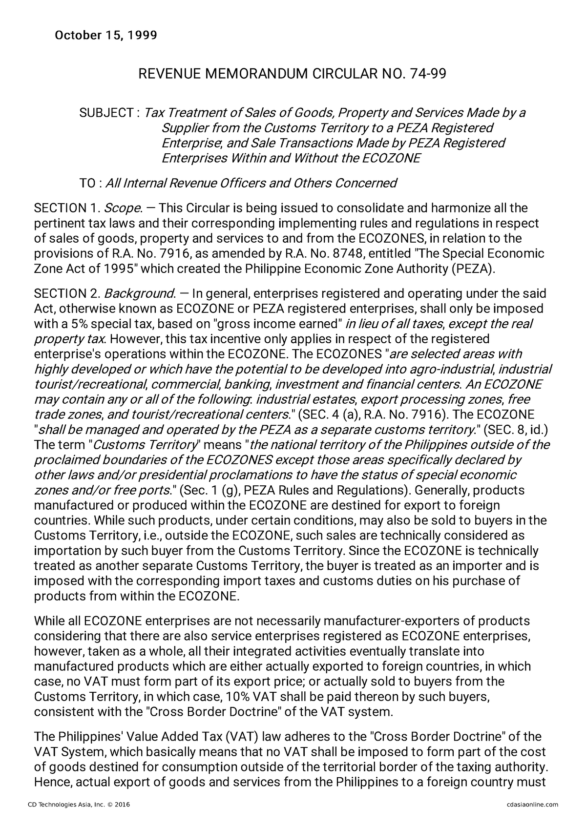 RMC-74-99 - Revenue Memorandum Circulars - Relevant Topics for Taxation ...