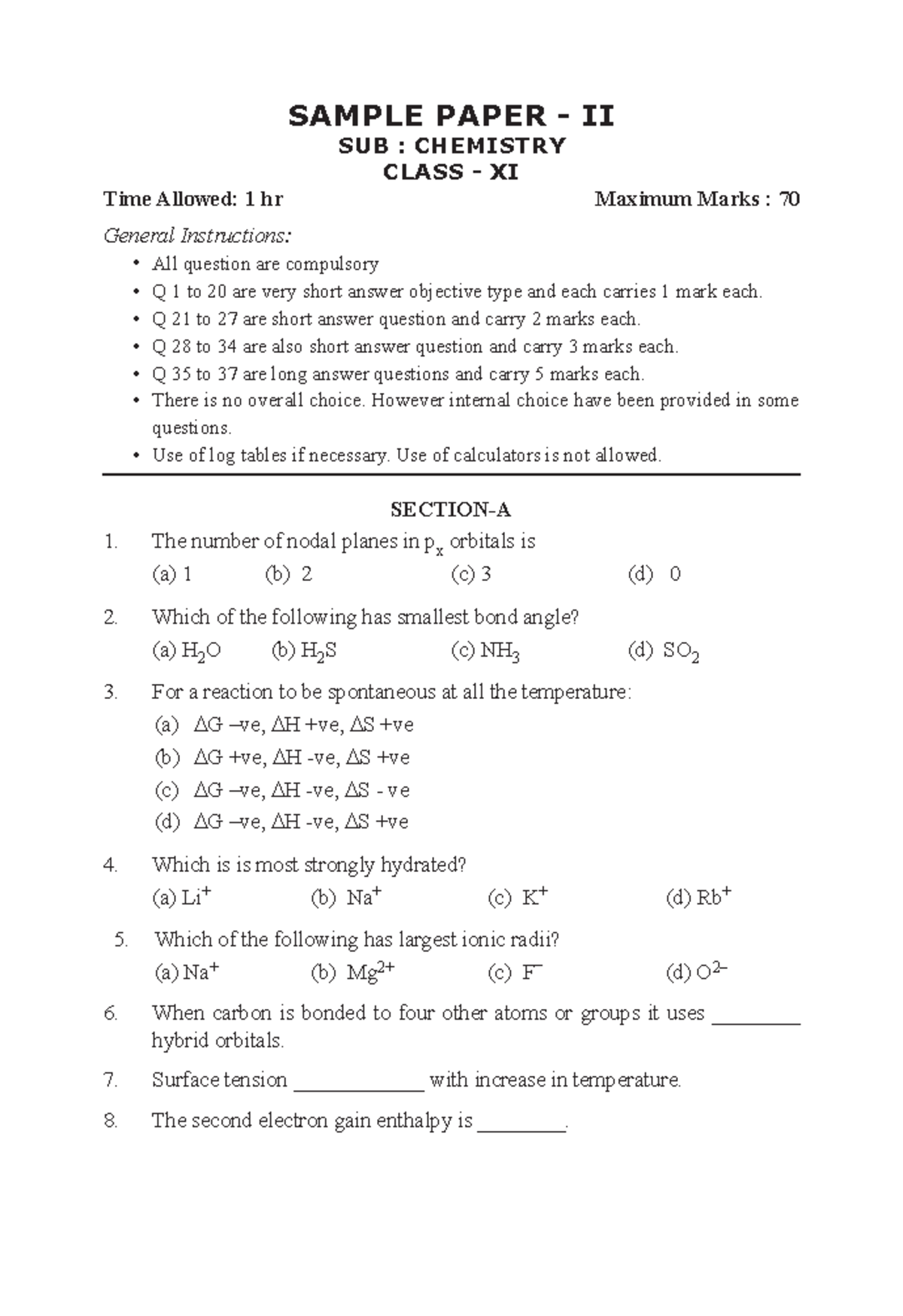 11 Sample Papers Chemistry 1 - SAMPLE PAPER - II SUB : CHEMISTRY CLASS ...