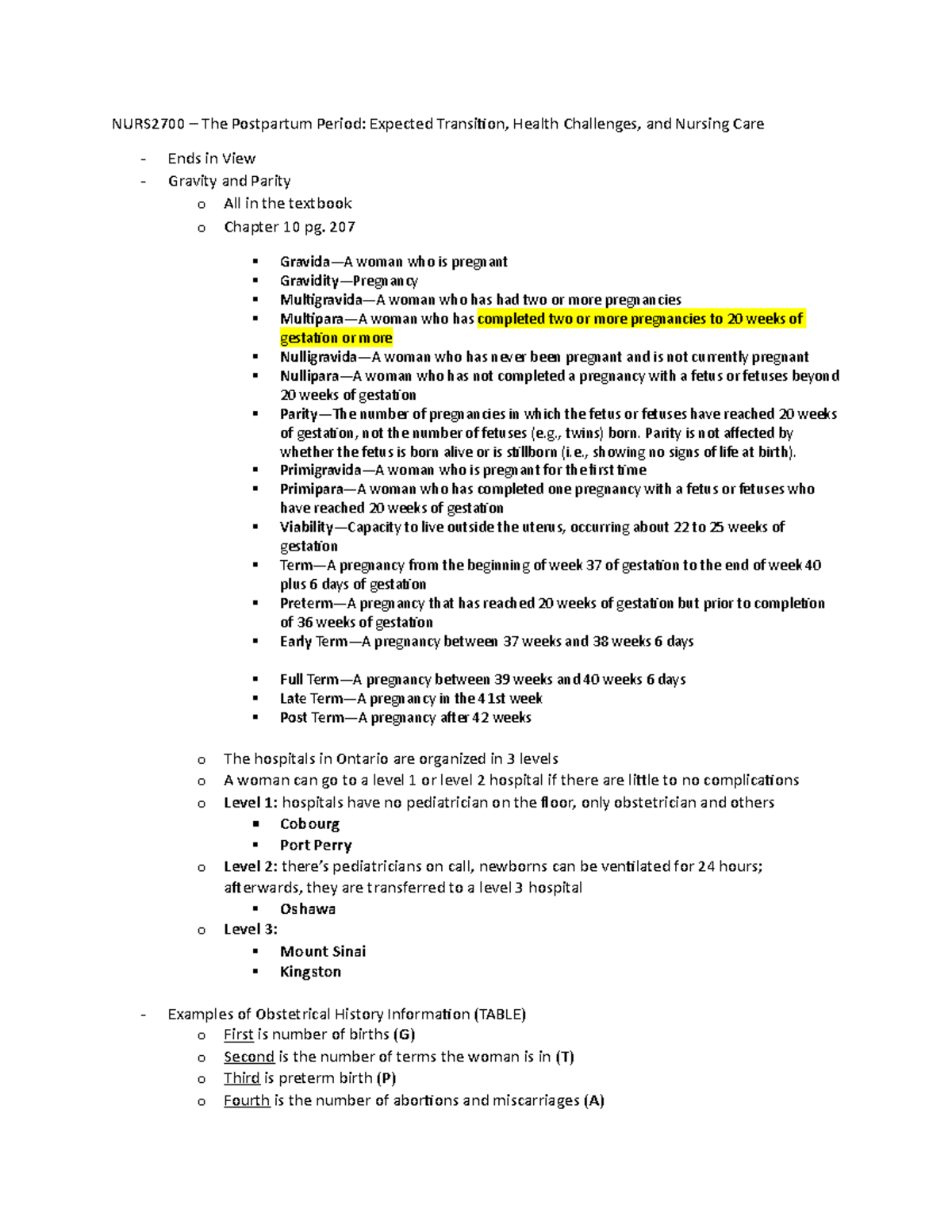 Week 1 Notes - NURS2700 – The Postpartum Period: Expected Transition ...