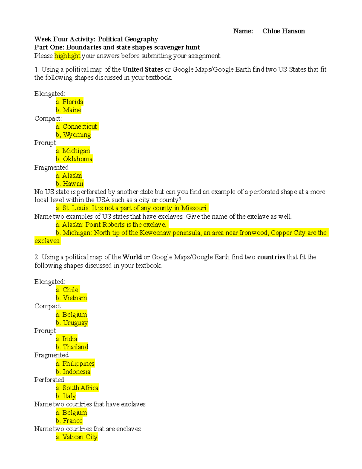 Geography102 Activity 4 Name Chloe Hanson Week Four Activity