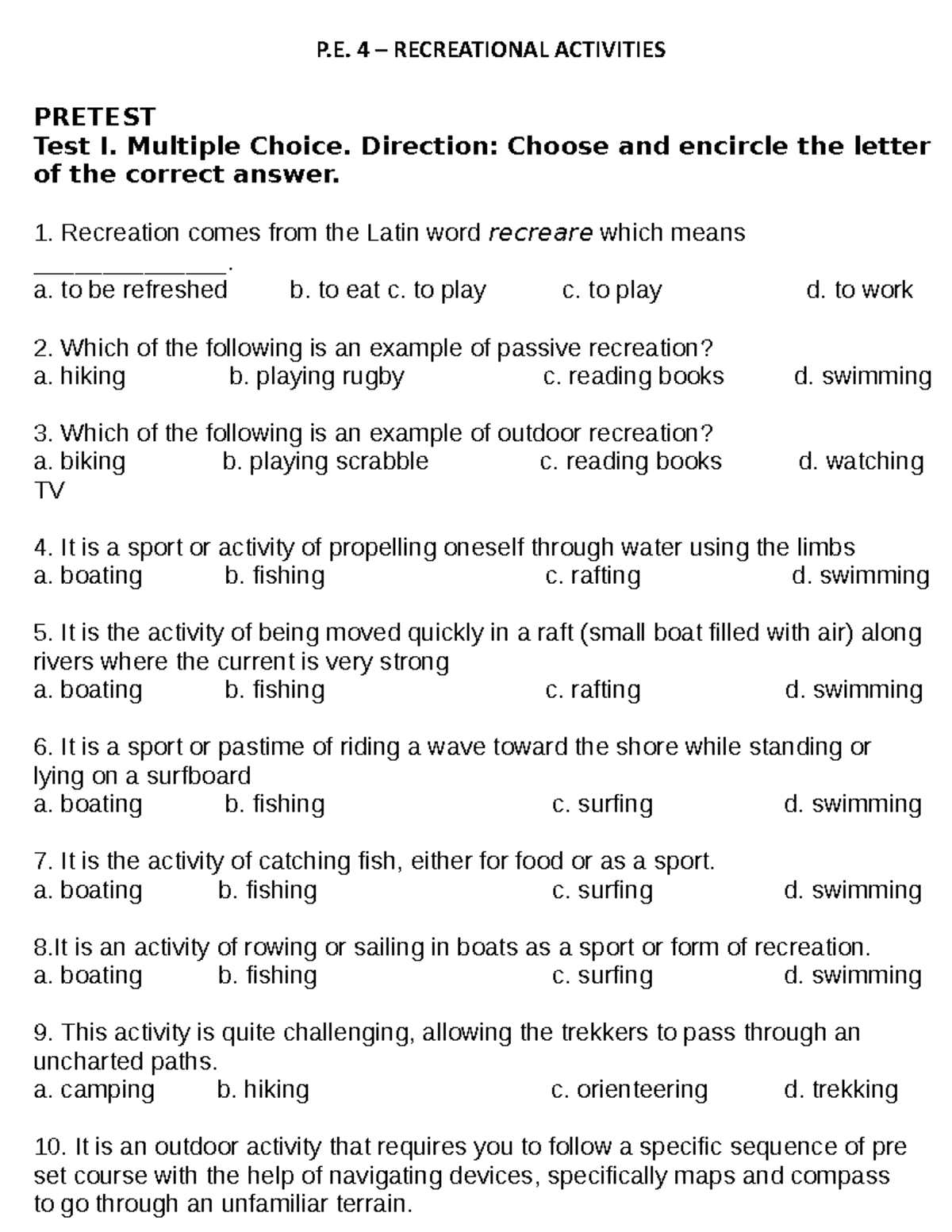 P.E. 4 Recreational Activities Lesson P. 4 RECREATIONAL