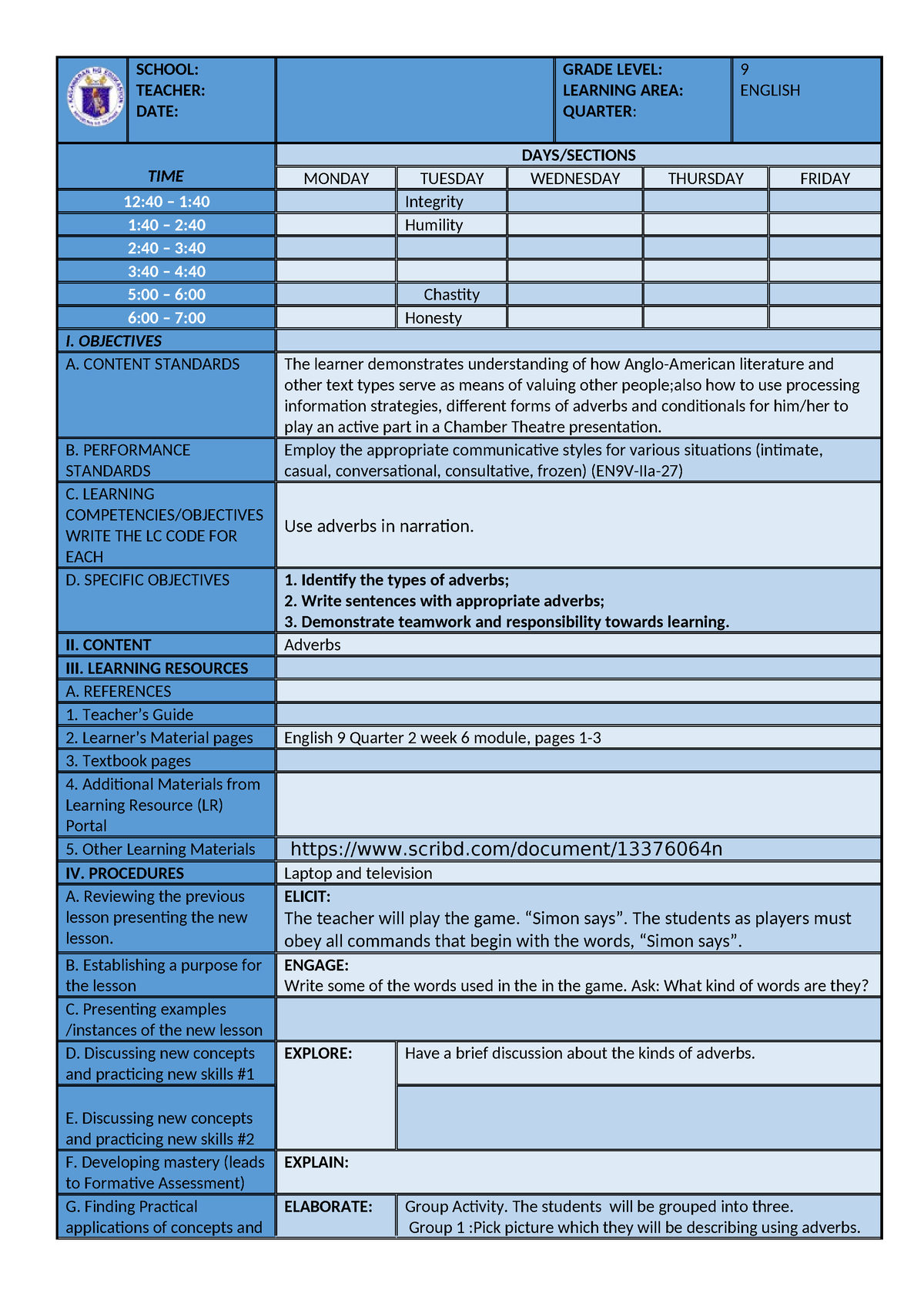 Adverb leson plan - SCHOOL: TEACHER: DATE: GRADE LEVEL: LEARNING AREA ...