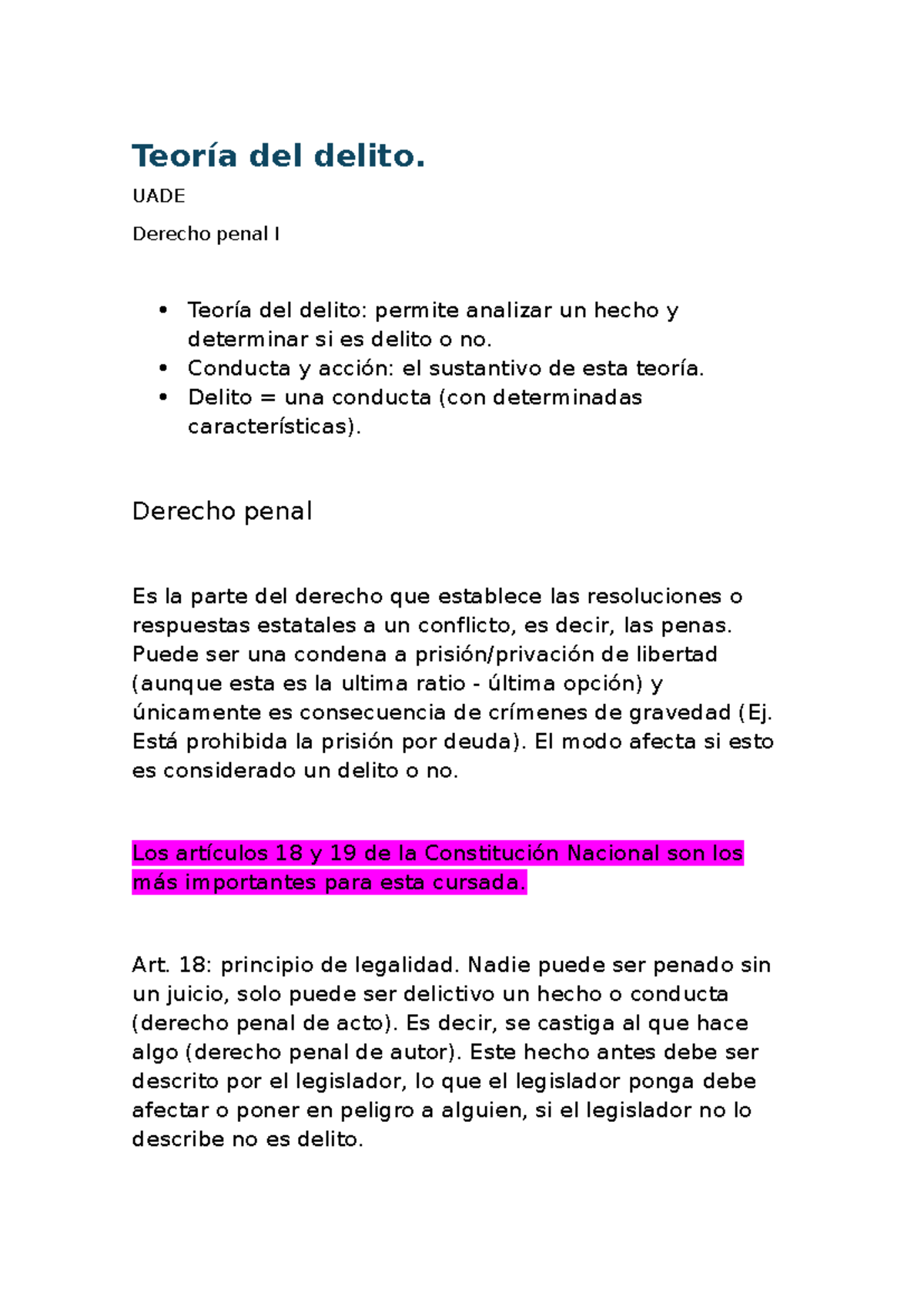 Teoría del delito - UADE Derecho penal I Teoría del delito: permite ...