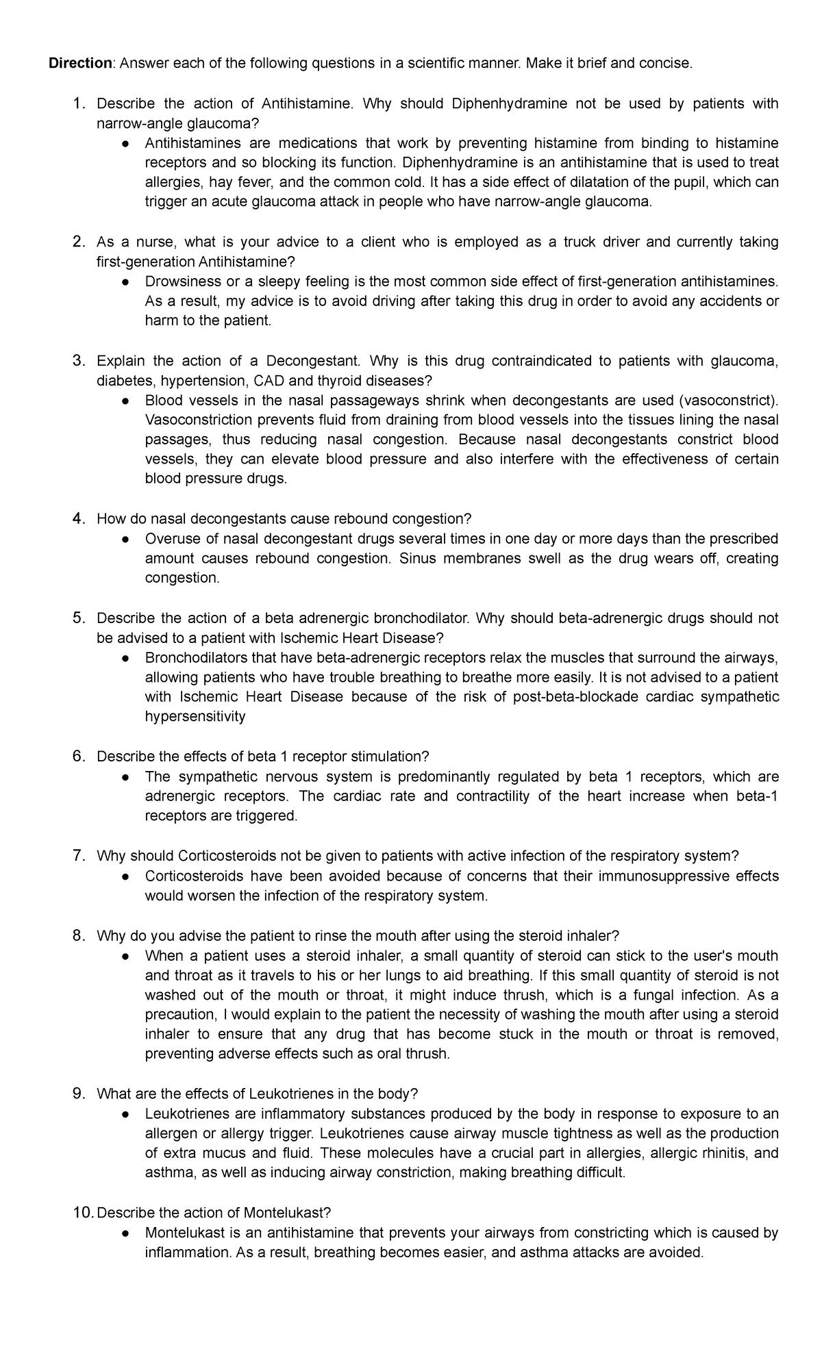 Pharma M10 POST TASK - Nursing Notes - Direction : Answer each of the ...